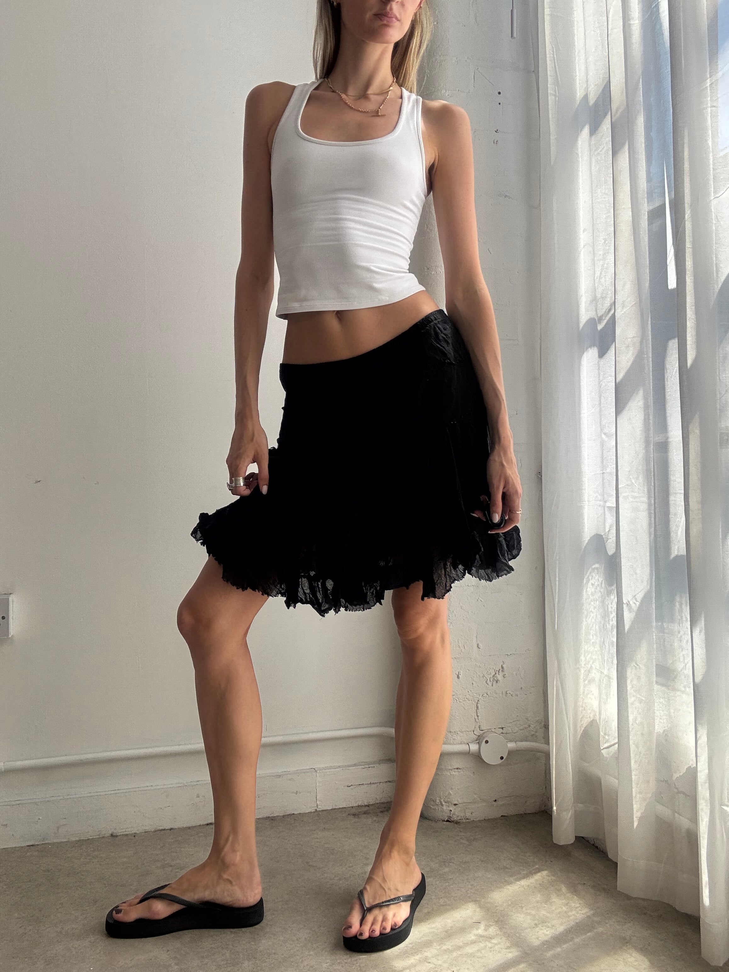 Vintage Y2k Black Cotton Tiered Ruffle Mini Skirt  - Size S/M