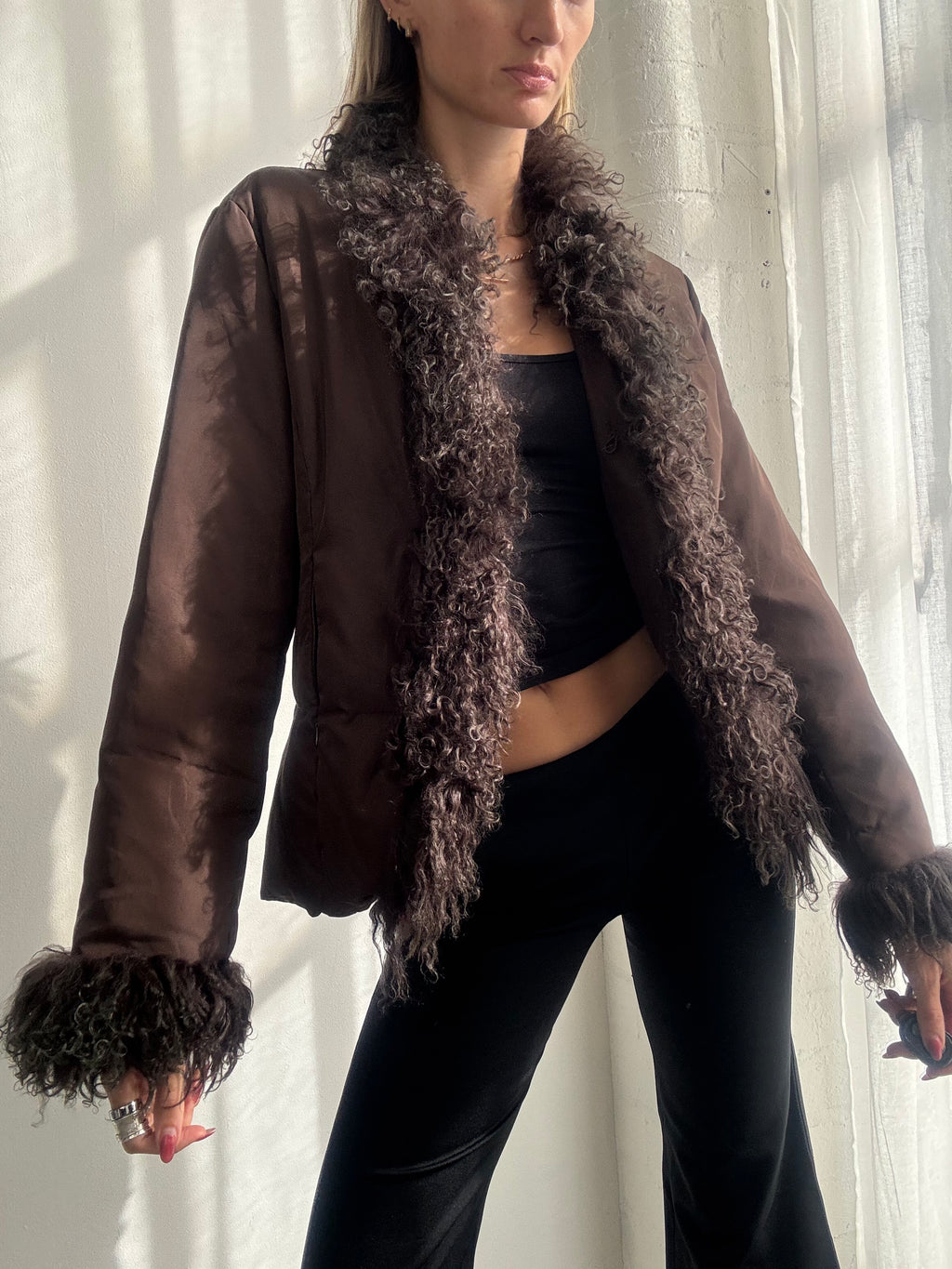 Vintage Y2K Brown Mongolian Fur Trim Penny Lane Jacket - Size S