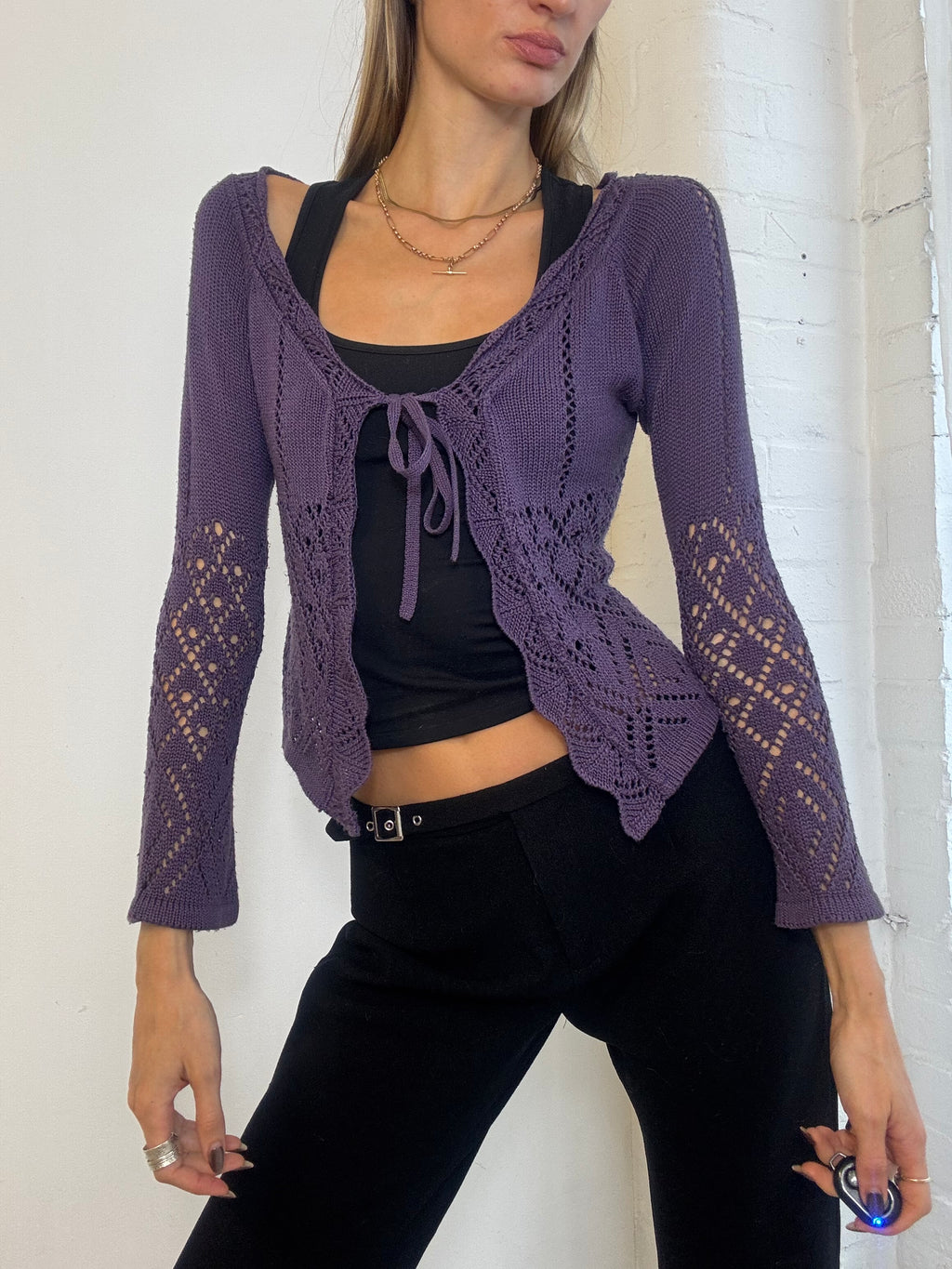 Vintage Y2K Purple Pointelle Knit Tie Front Cardigan - Size S