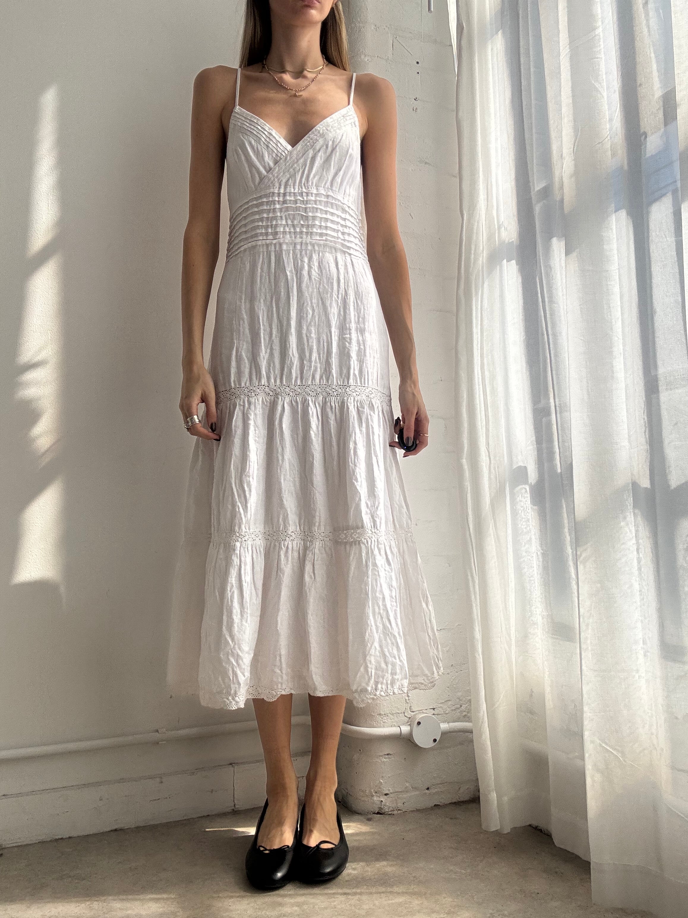 Vintage Y2K white tiered midi cotton summer dress - Size S