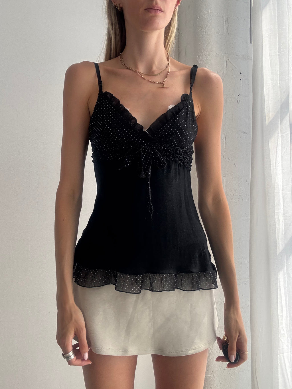 Vintage Y2K Black Lace Trim Polka Dot Cami Top Fairy Grunge Coquette - Size XS/S