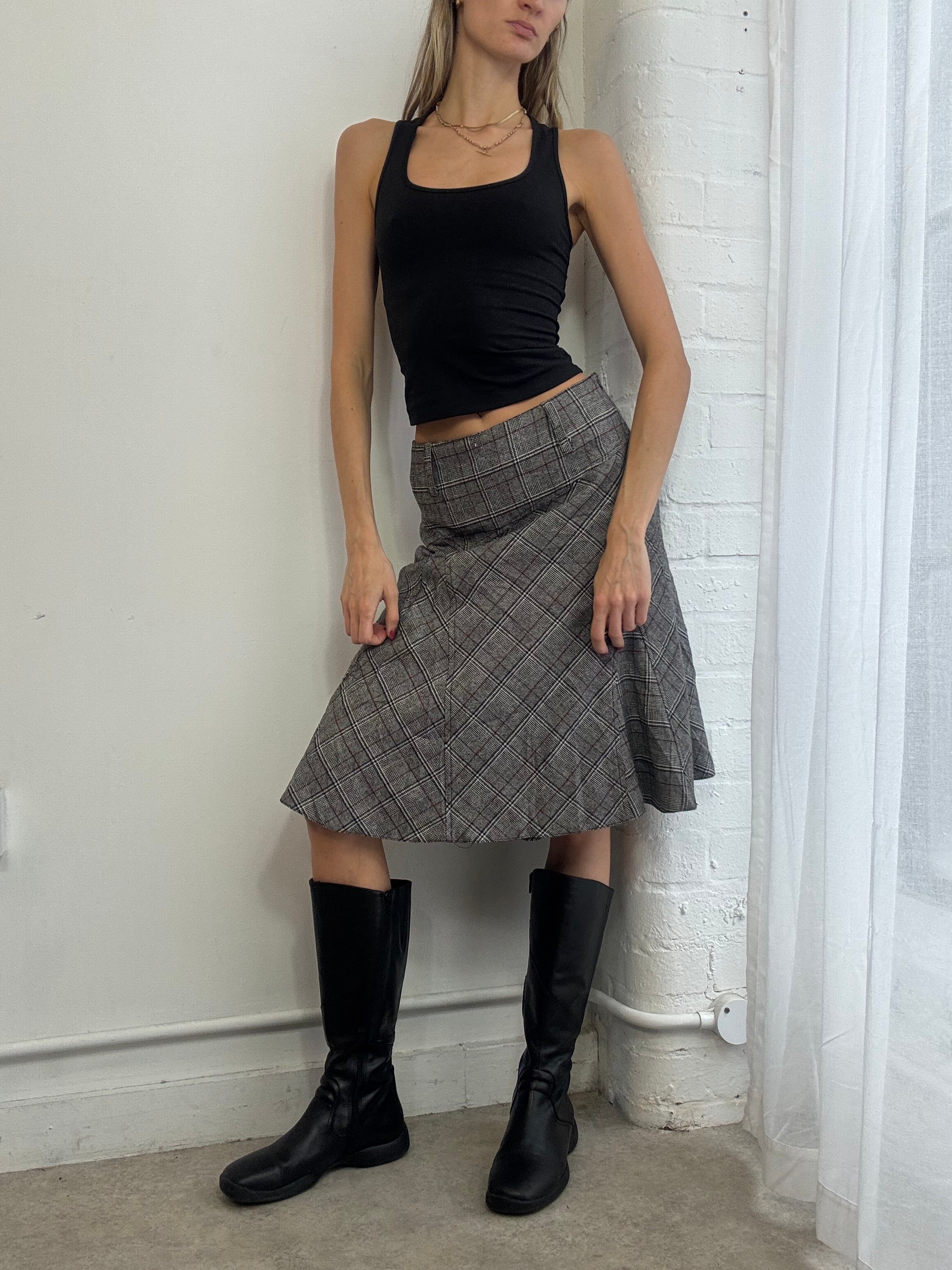 Vintage Y2K grey plaid wool midi skirt