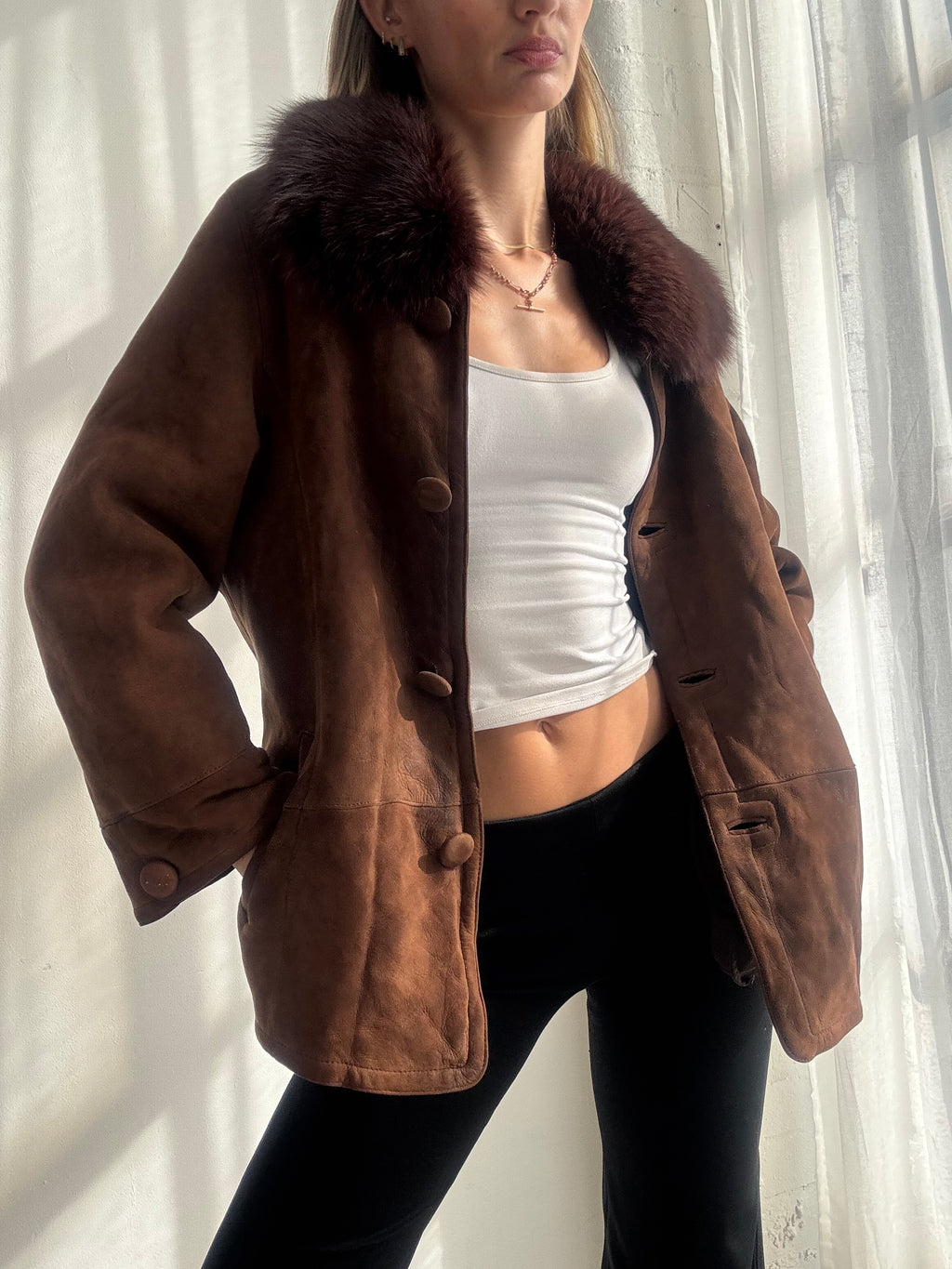 Vintage Y2K Brown Suede Jacket with Fox Fur Collar - Size S