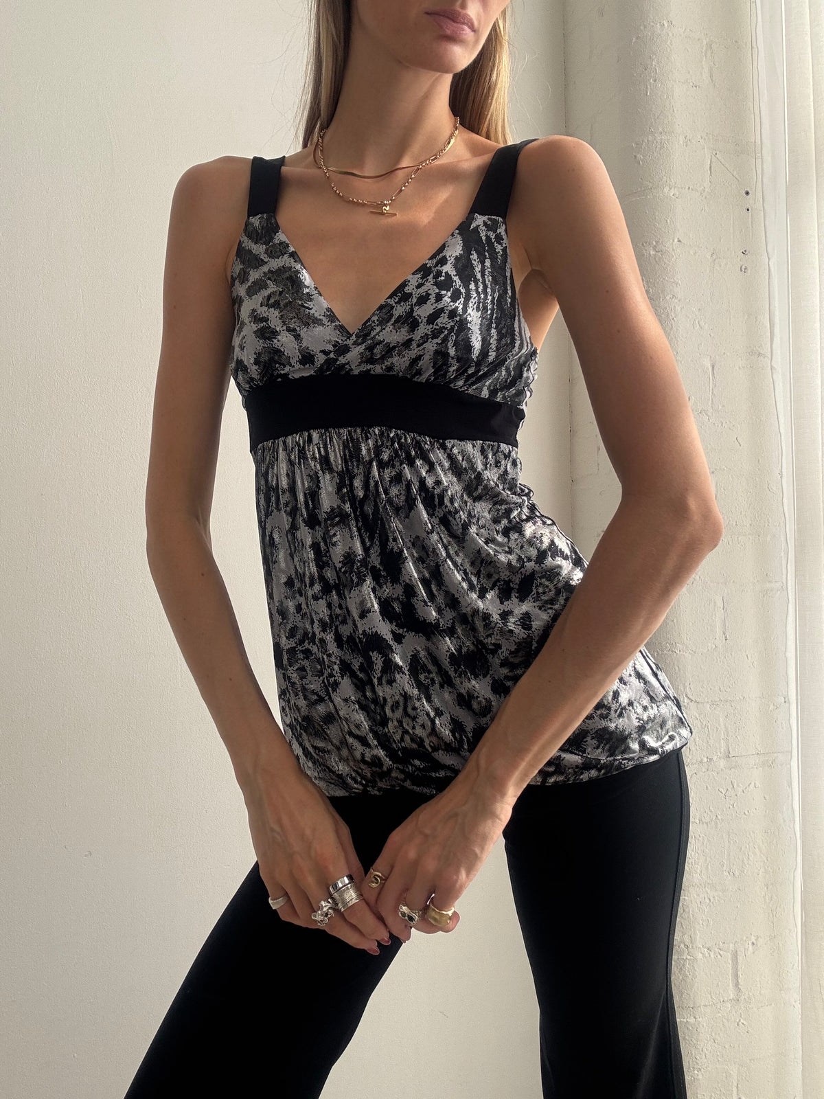 Vintage Y2K Black & Silver Leopard Print Cami Top - Size S