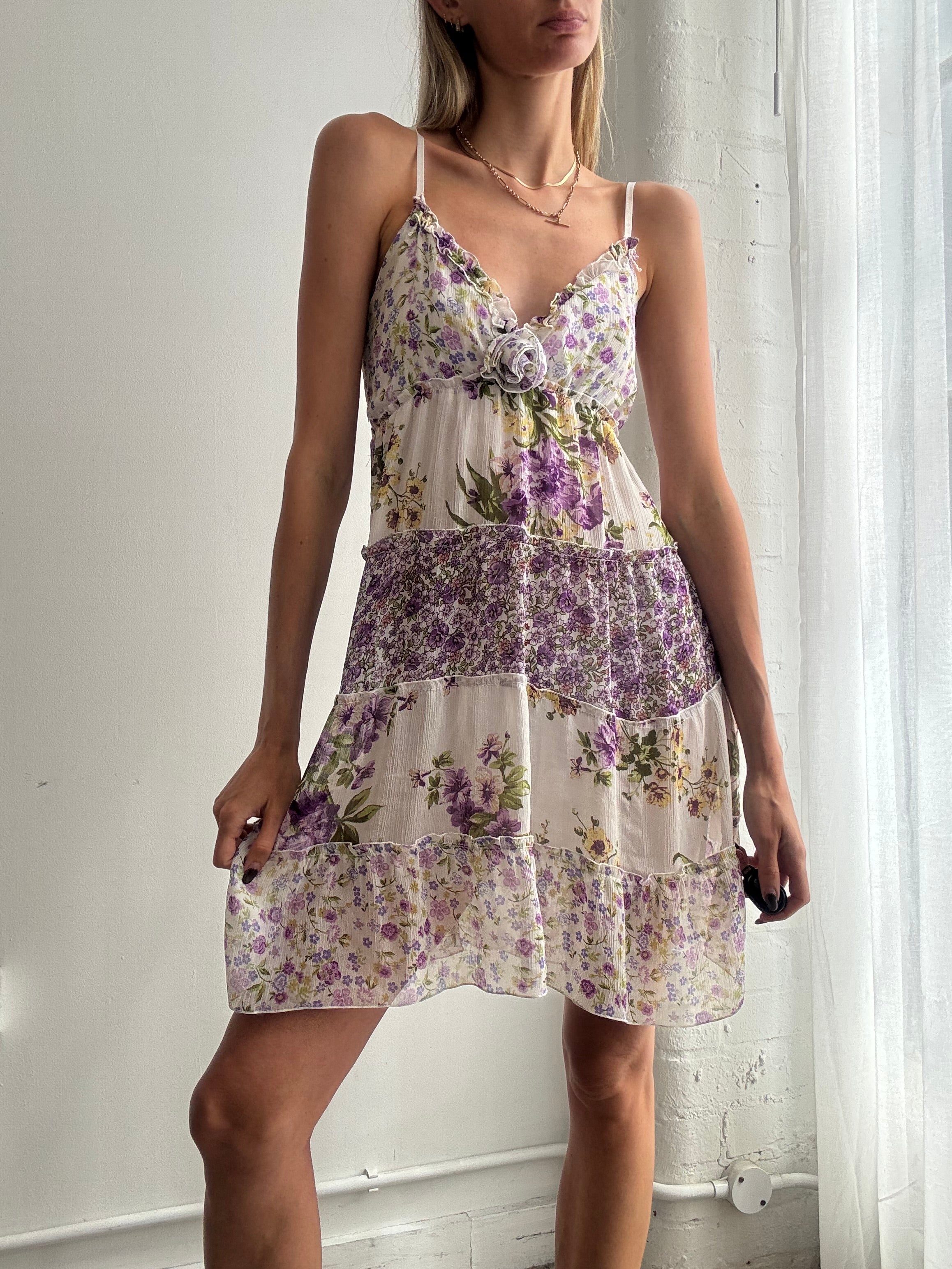 Vintage Y2K lilac floral chiffon babydoll mini dress - Size S