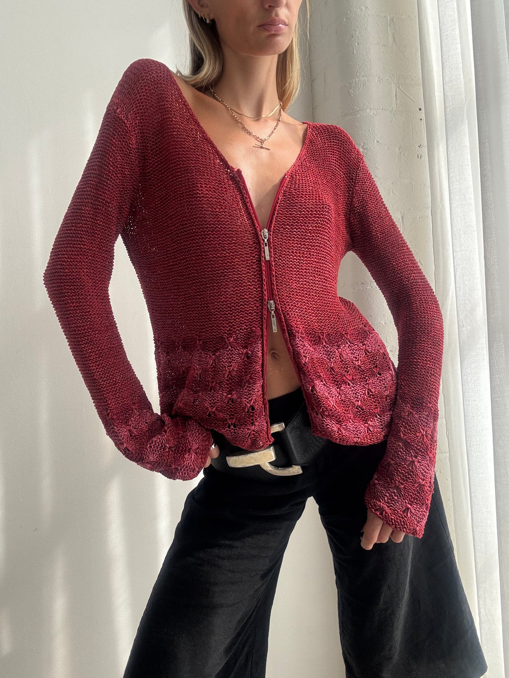 Vintage Y2K Burgundy Dual Zip Flared Cardigan Top Jumper - Size M