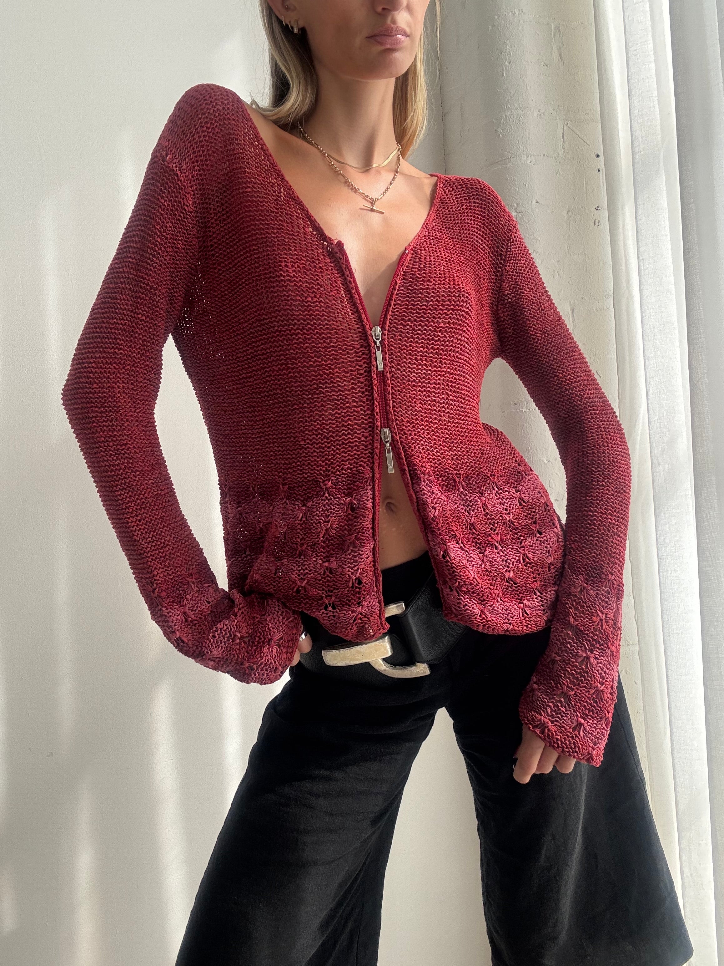 Vintage Y2K Burgundy Dual Zip Flared Cardigan Top Jumper - Size M