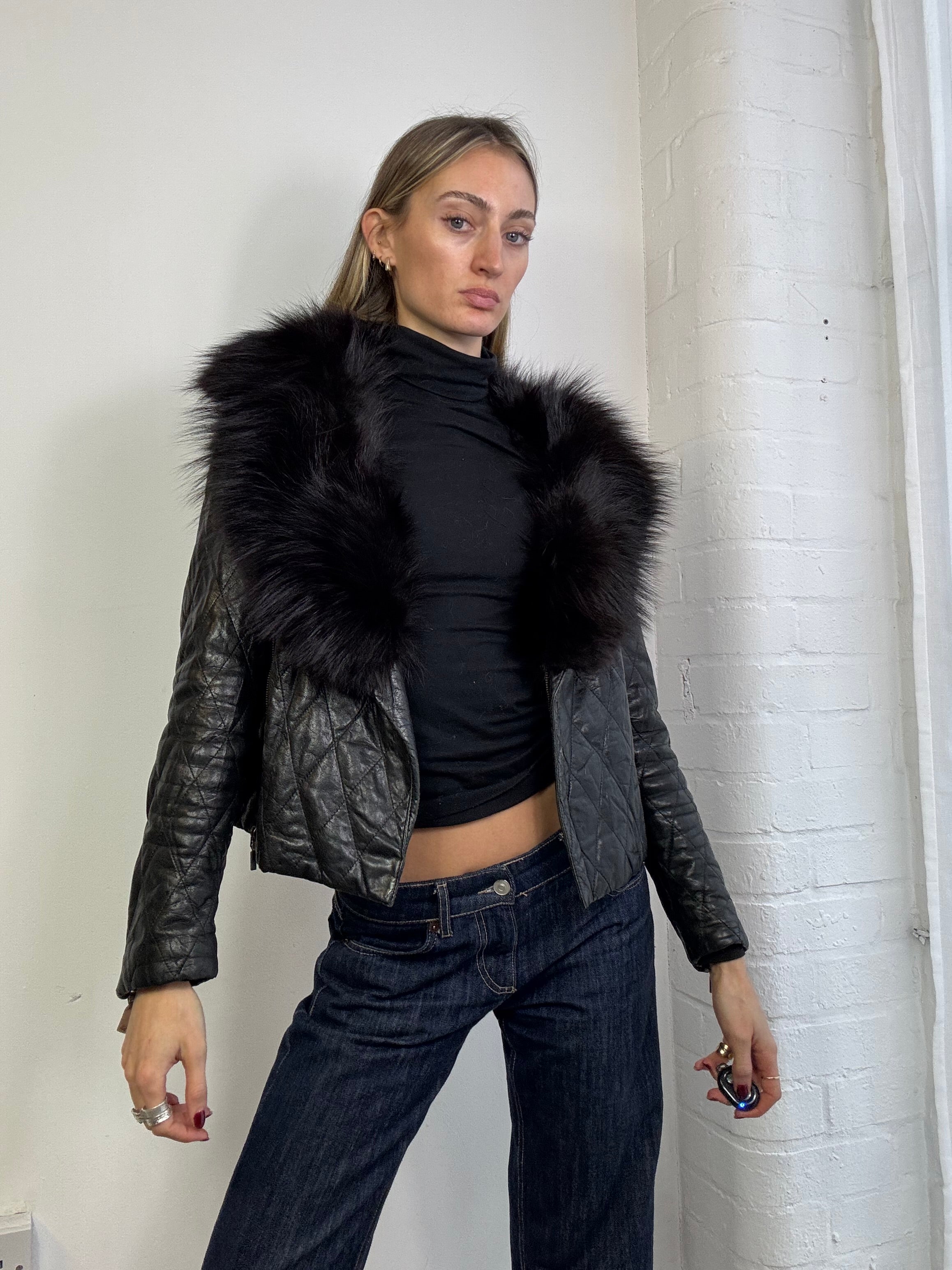 Vintage Y2K asymmetric leather biker jacket with fur trim
