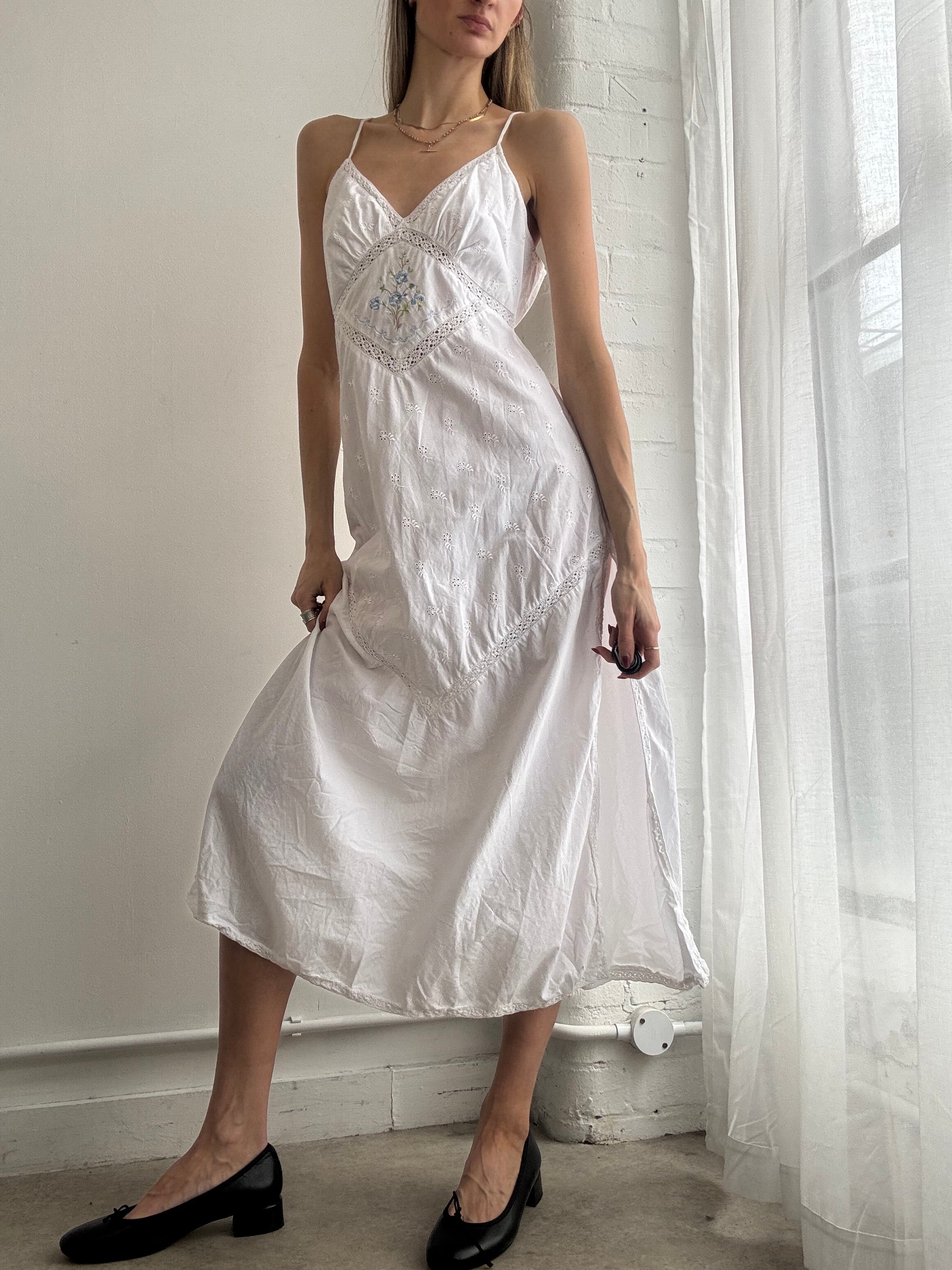 Vintage Y2K white embroidered broderie anglaise maxi slip dress