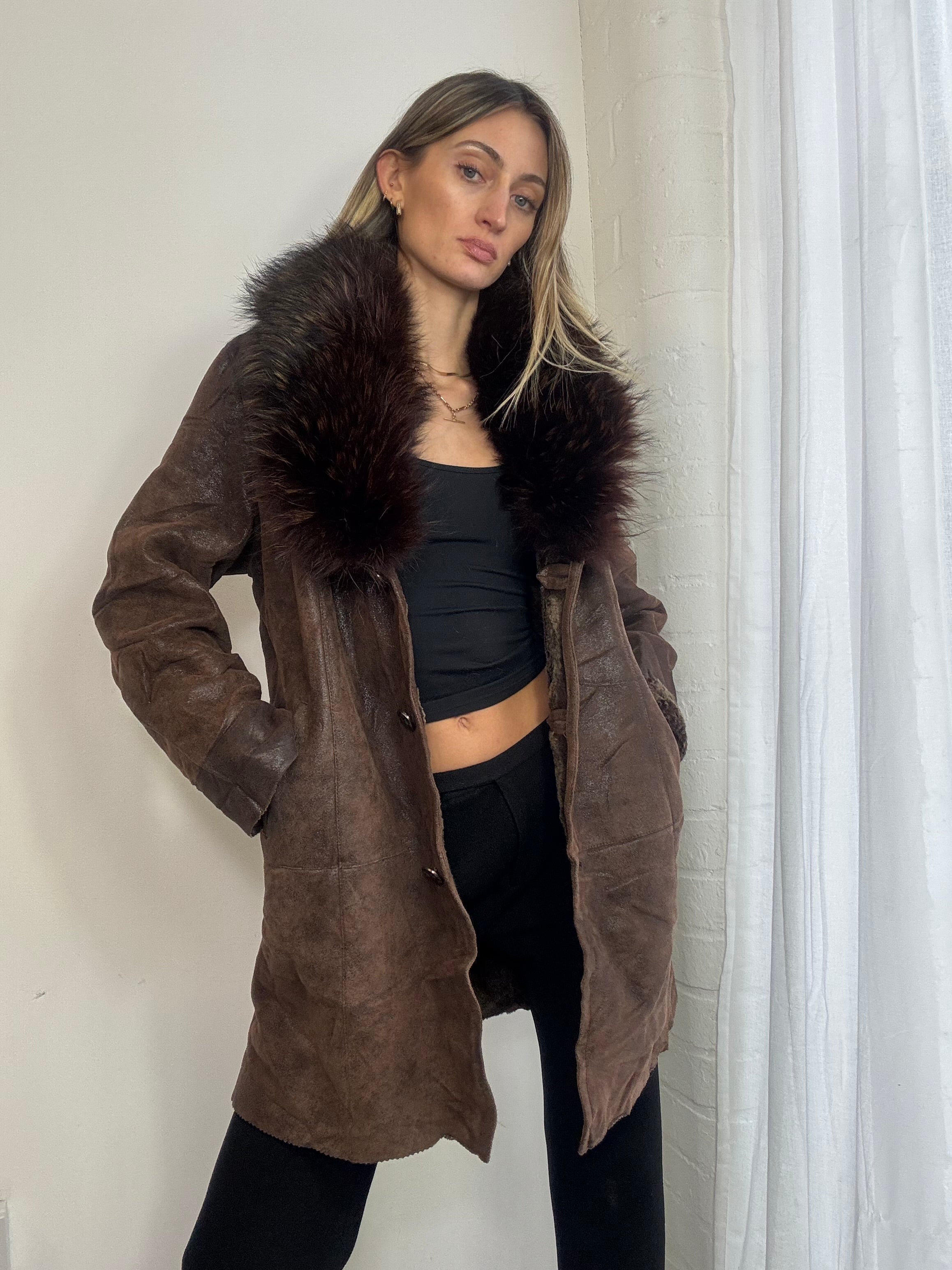 Vintage 90s brown leather & fur trim afghan coat