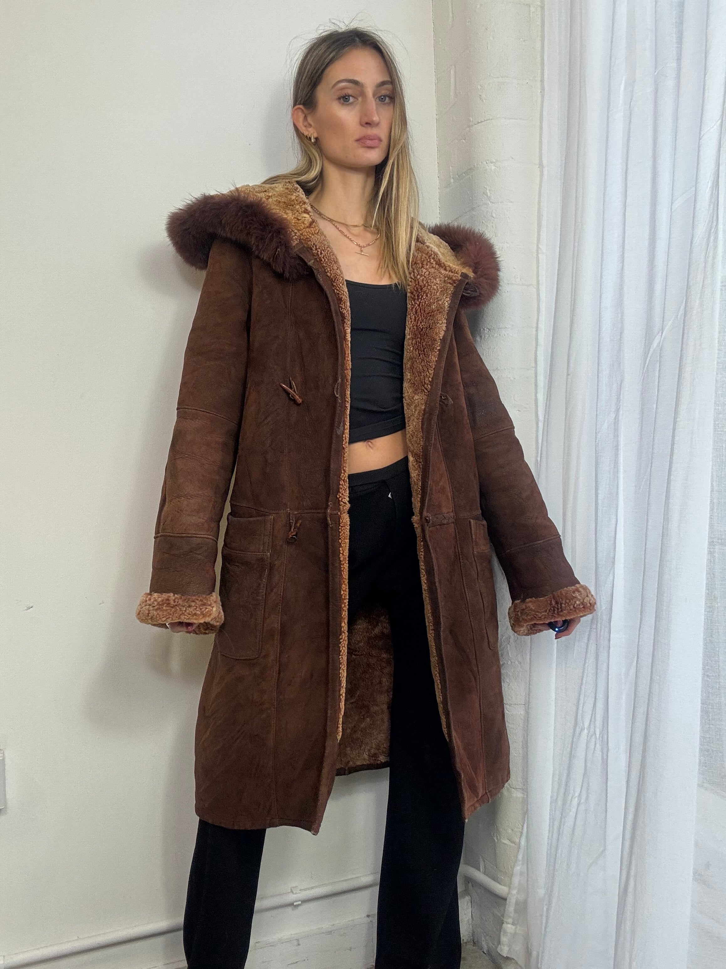 Vintage sheepskin suede long hooded coat fur trim