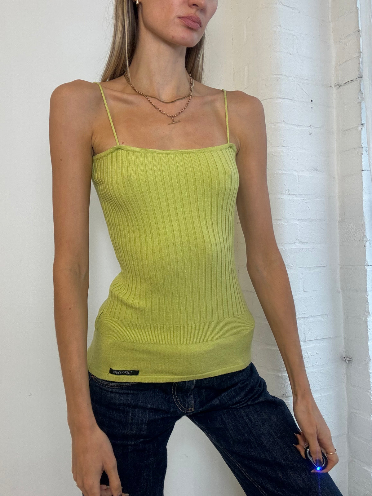 Vintage Y2K Lime Green Ribbed Knit Cami Top - Size S