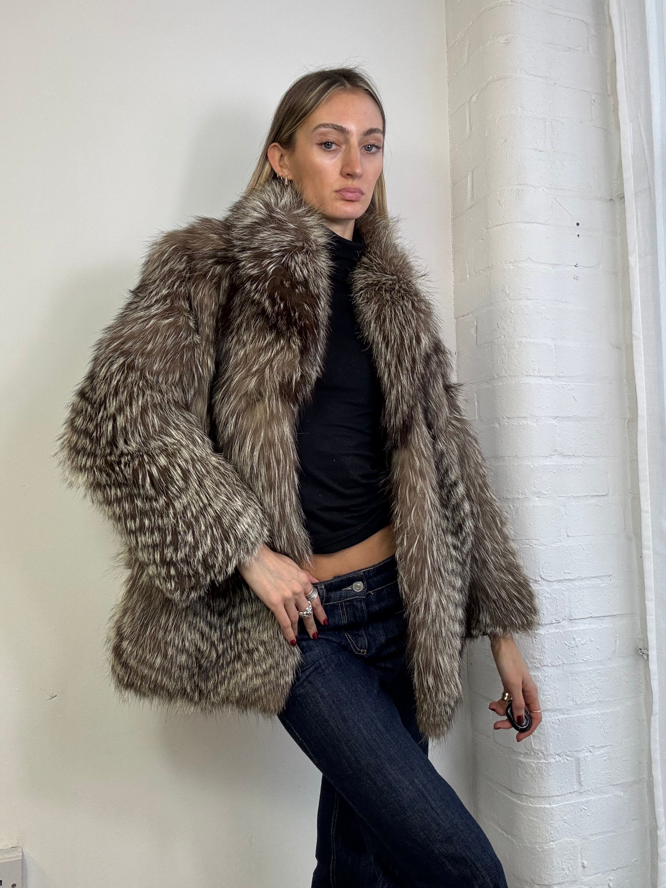 Vintage 90s fox fur coat brown