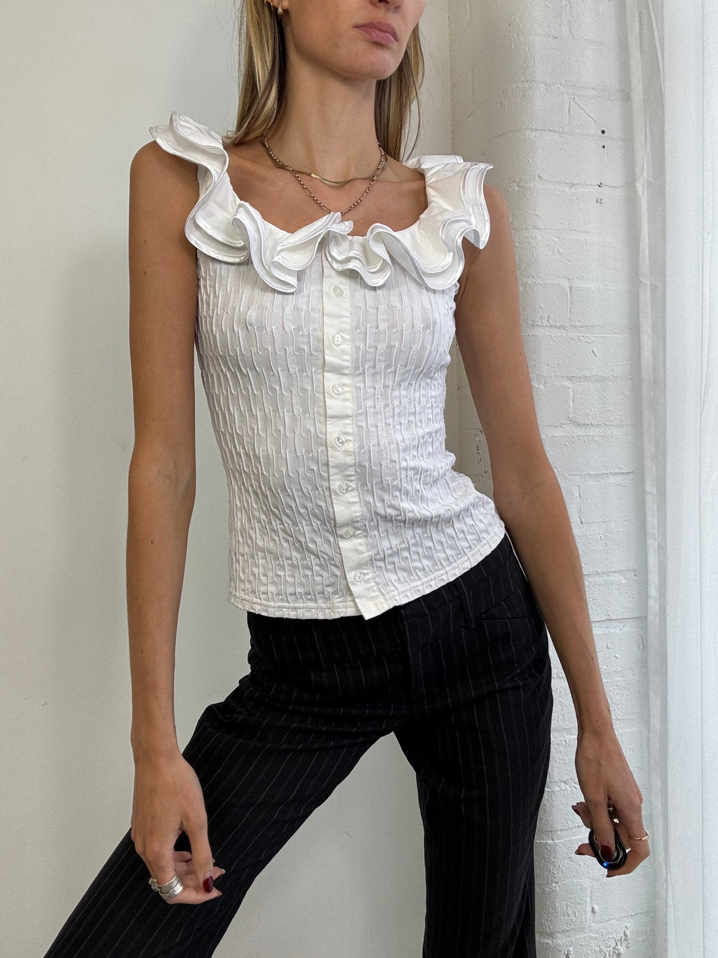 Vintage 90s white ruffle button up top