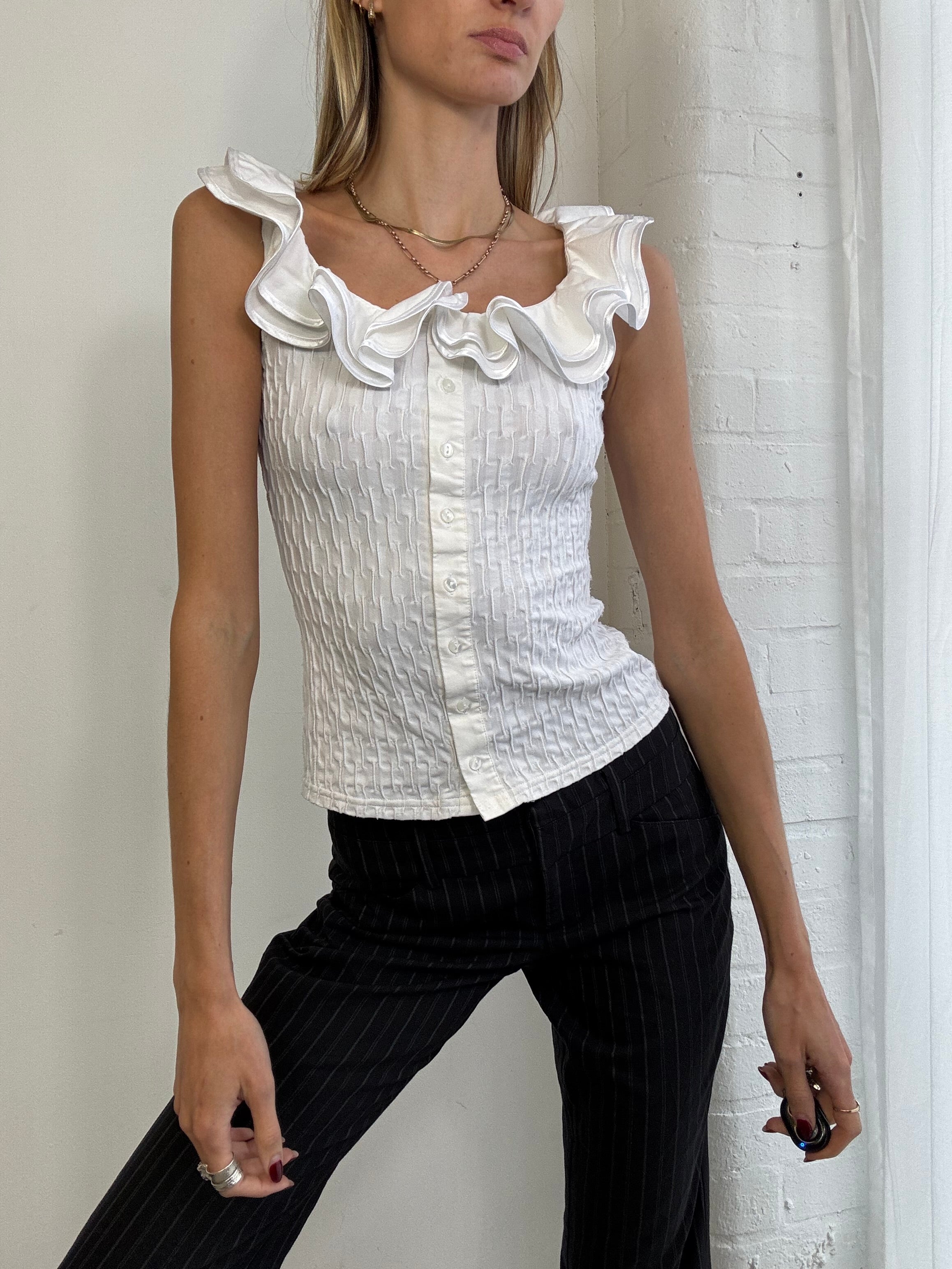 Vintage 90s white ruffle button up top