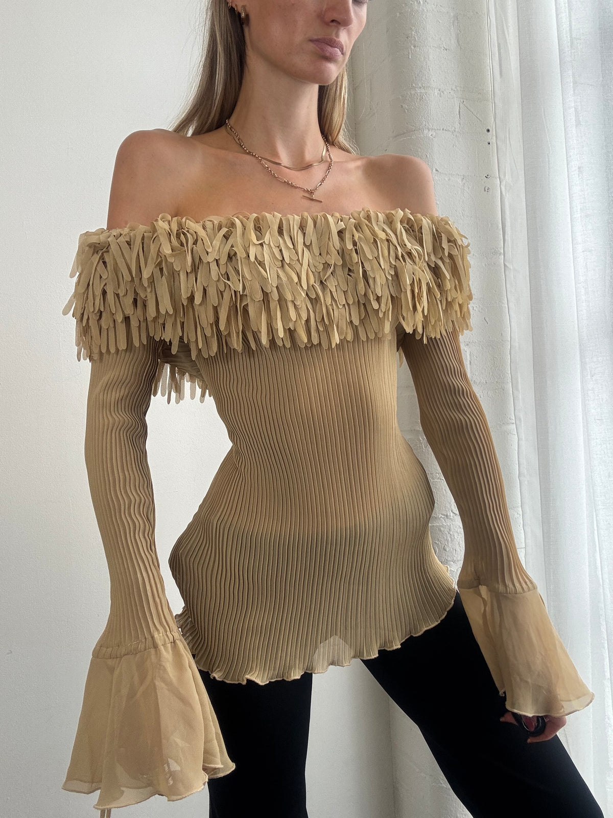 Vintage Y2K Beige Fringe Off Shoulder Bell Sleeve Mesh Top - Size L