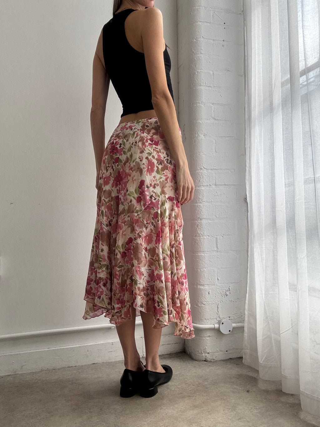 Vintage Y2K pink floral mesh asymmetric midi skirt