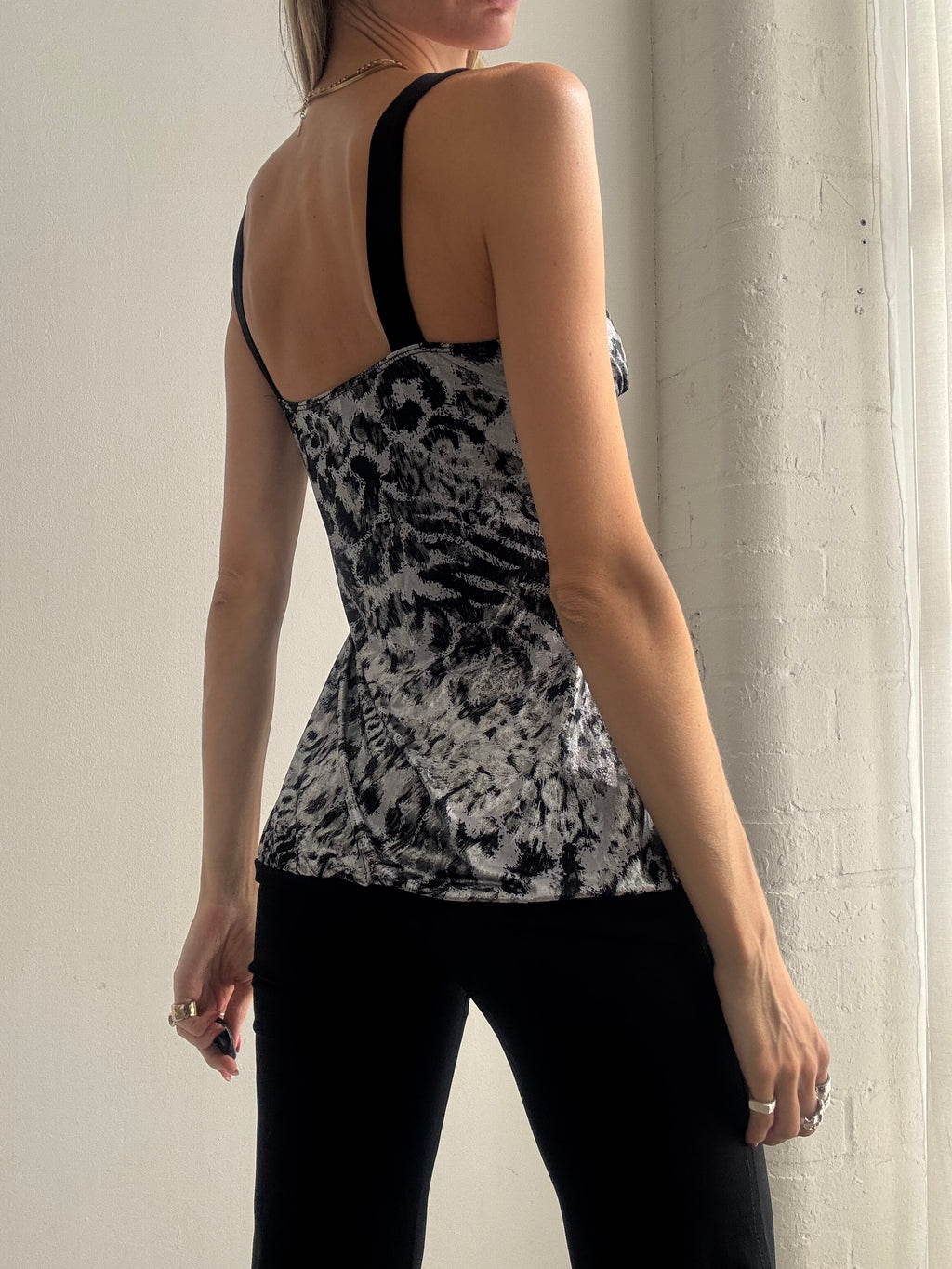Vintage Y2K Black & Silver Leopard Print Cami Top - Size S
