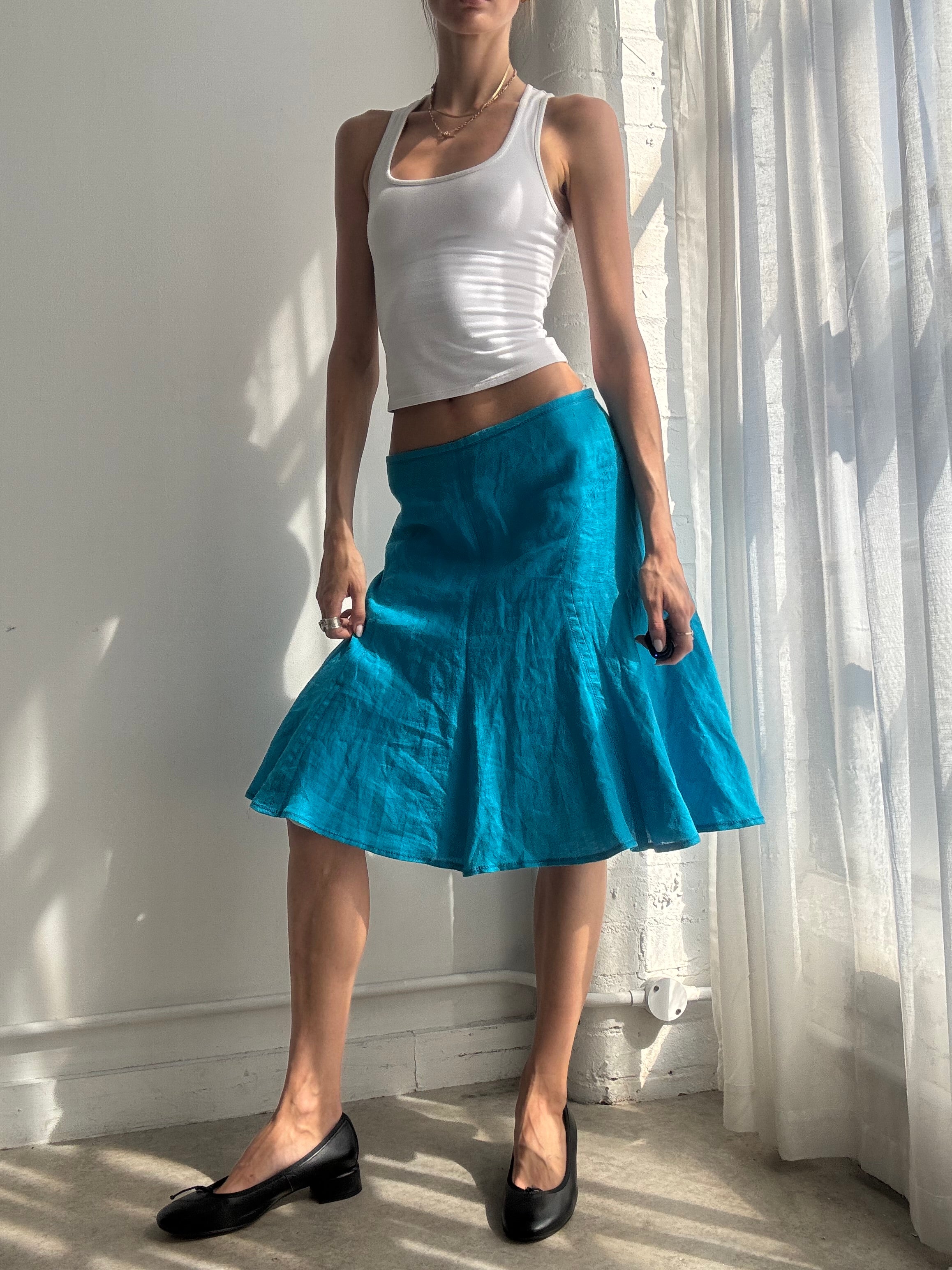 Vintage Y2K Turquoise Linen Midi Skirt - Size S