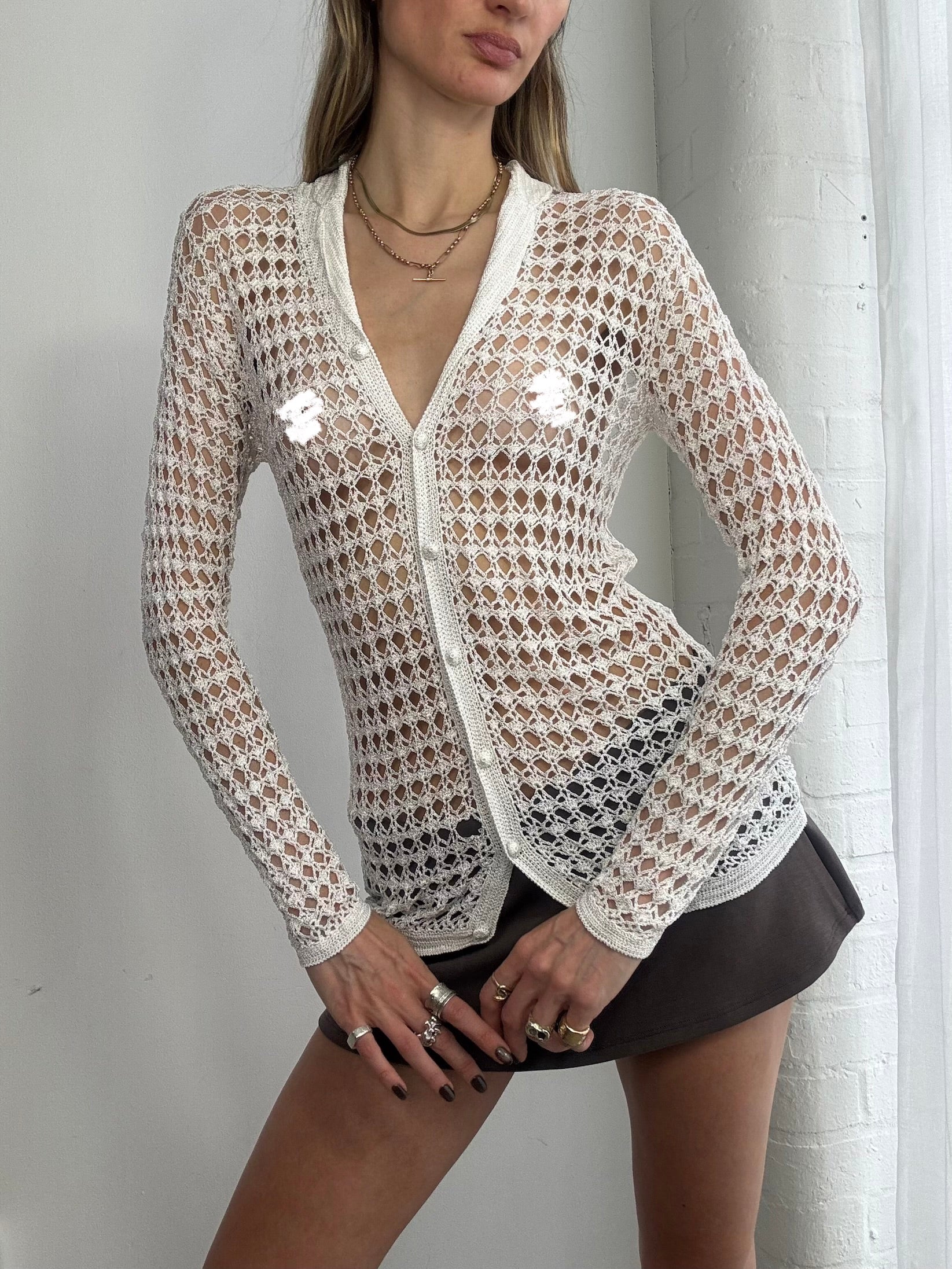 Vintage Y2K white crochet knit cardigan - Size S