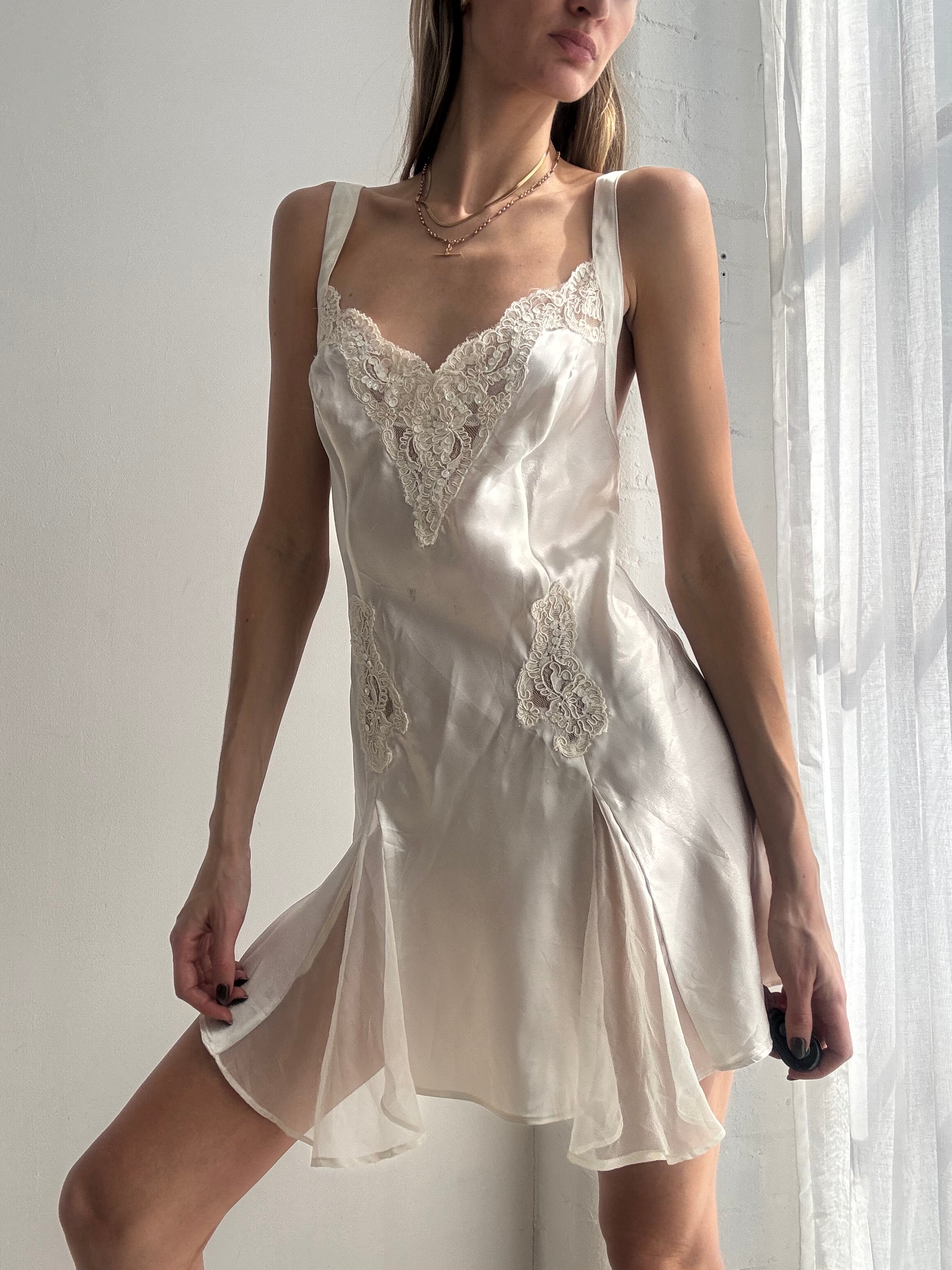 Vintage Y2K victoria's secret ivory satin slip dress with lace & embroidered details