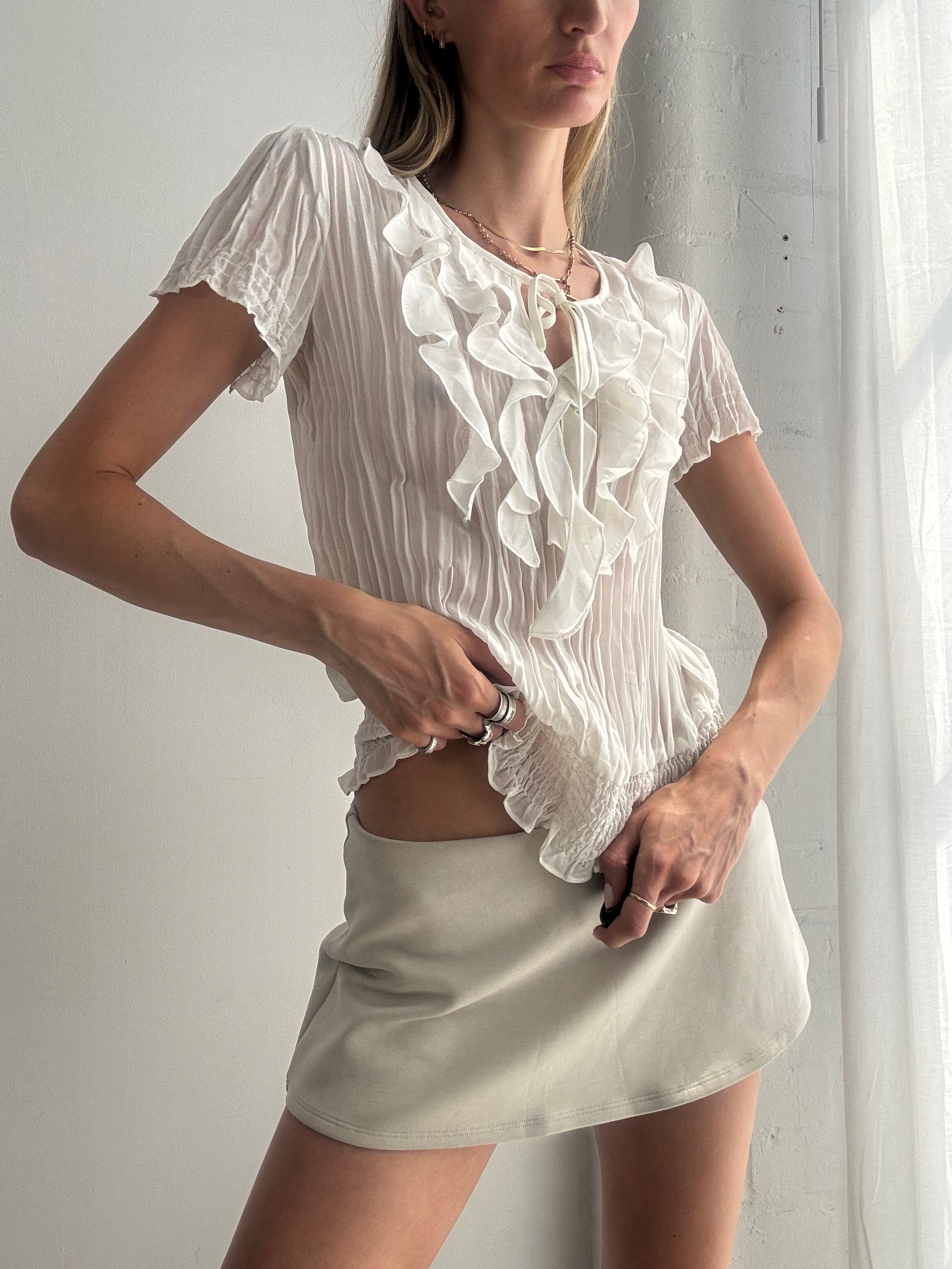 Vintage Y2K White Ruffle Blouse Coquette Fairy Romantic - Size S
