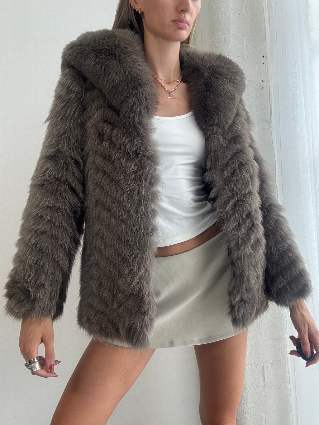 Vintage 90s Taupe Brown Real Fox Fur Jacket - Size S