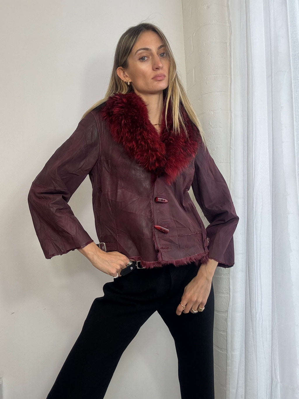 Vintage Y2K distressed red leather jacket with genuine fur trim