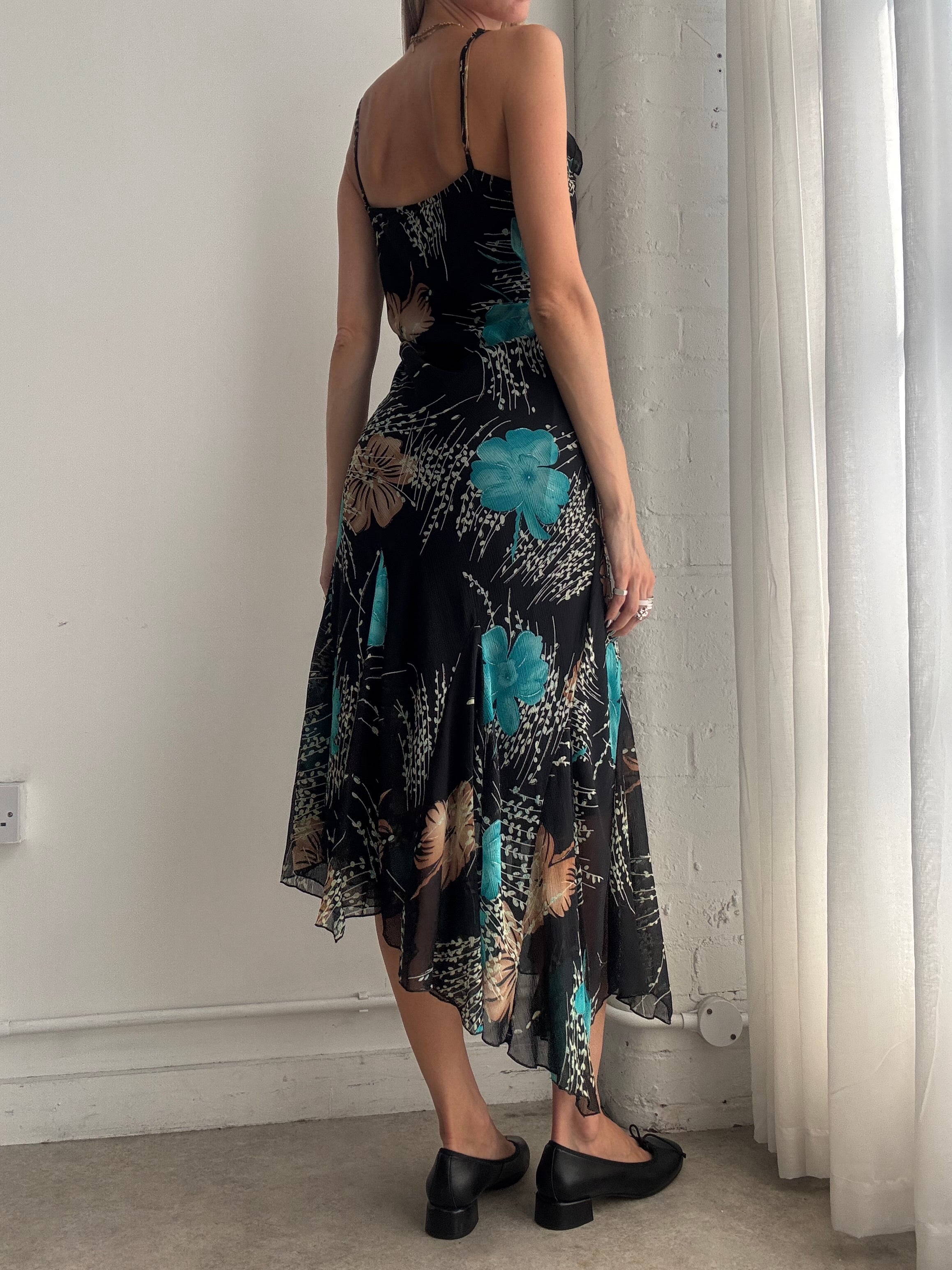 Vintage Y2K Black & Turquoise Floral Mesh Midi Slip Dress – Size M/L