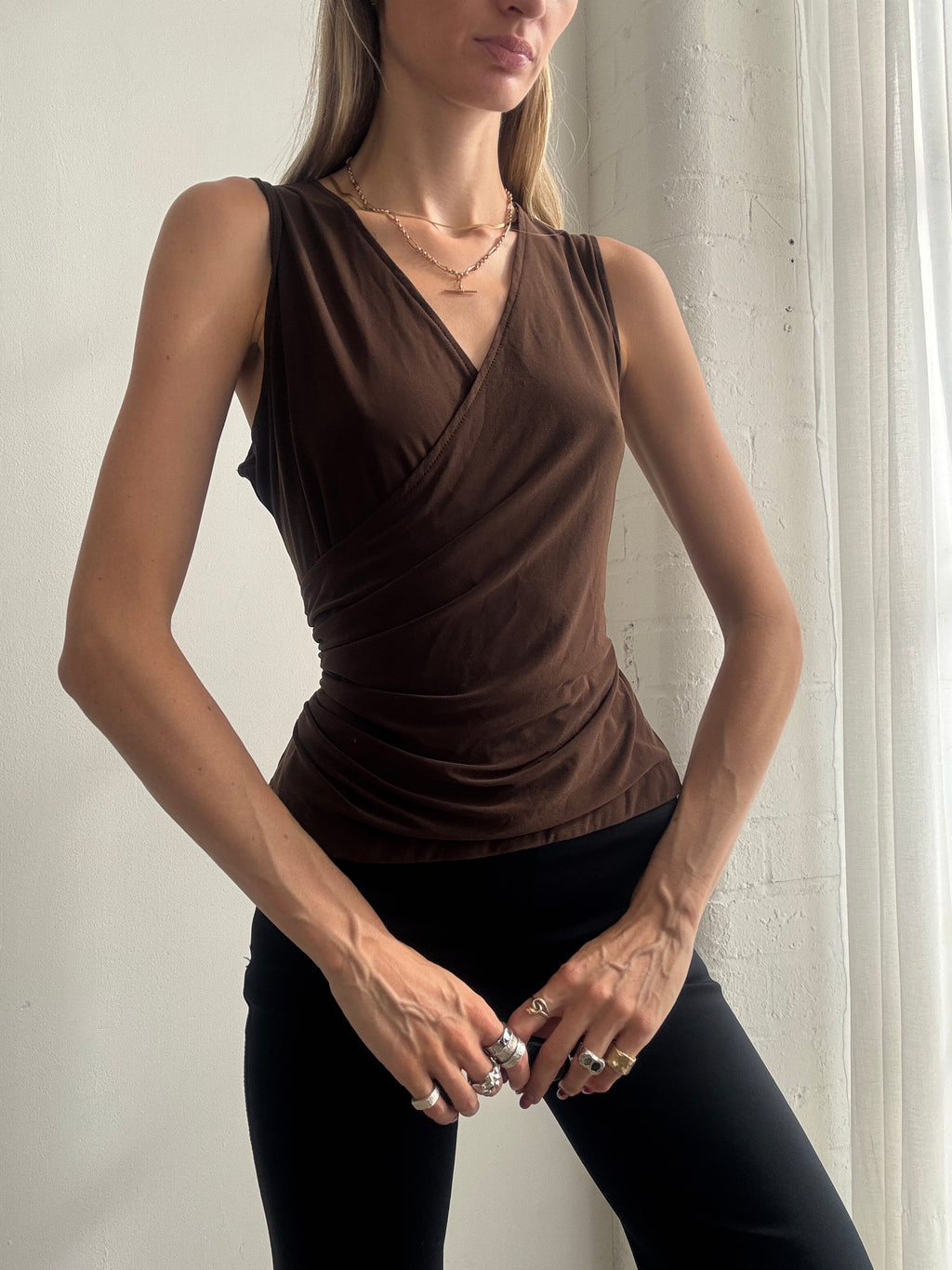 Vintage Y2K Chocolate Brown Ruched Wrap Top - Size L
