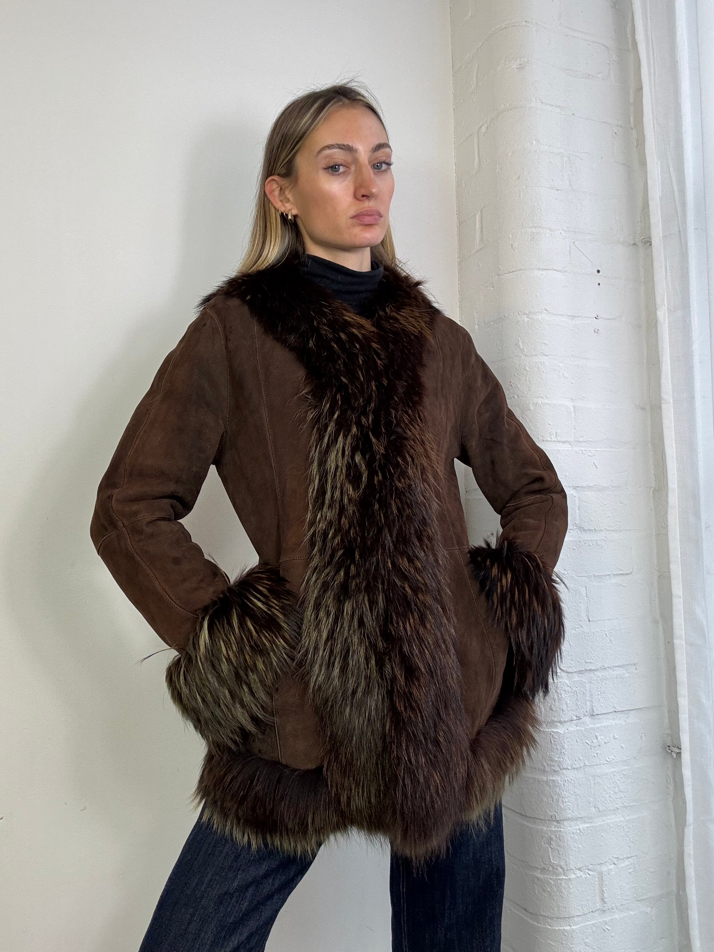 Vintage 90s brown suede & fur Afghan coat