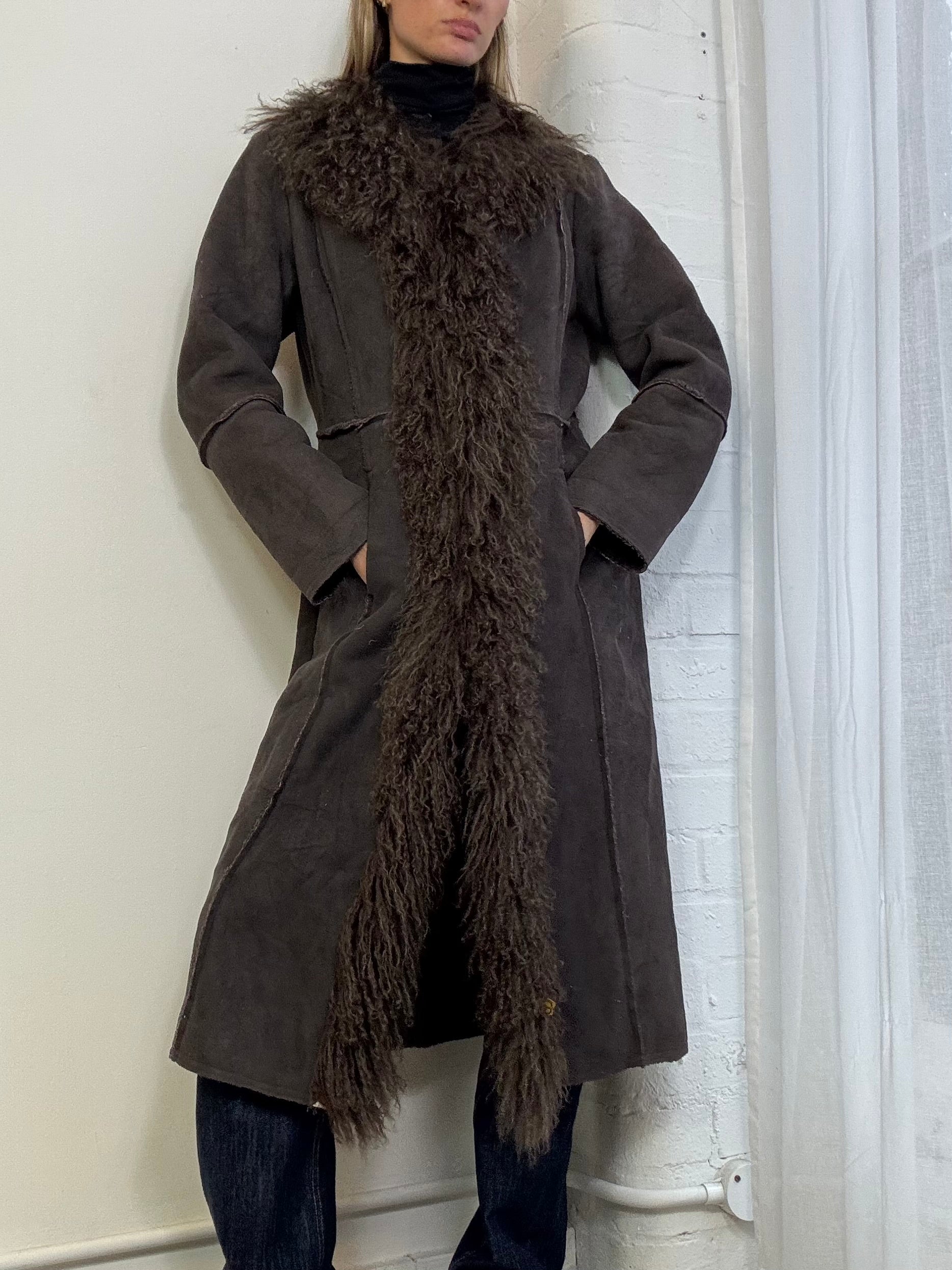 Vintage Y2K penny lane Mongolian fur coat brown