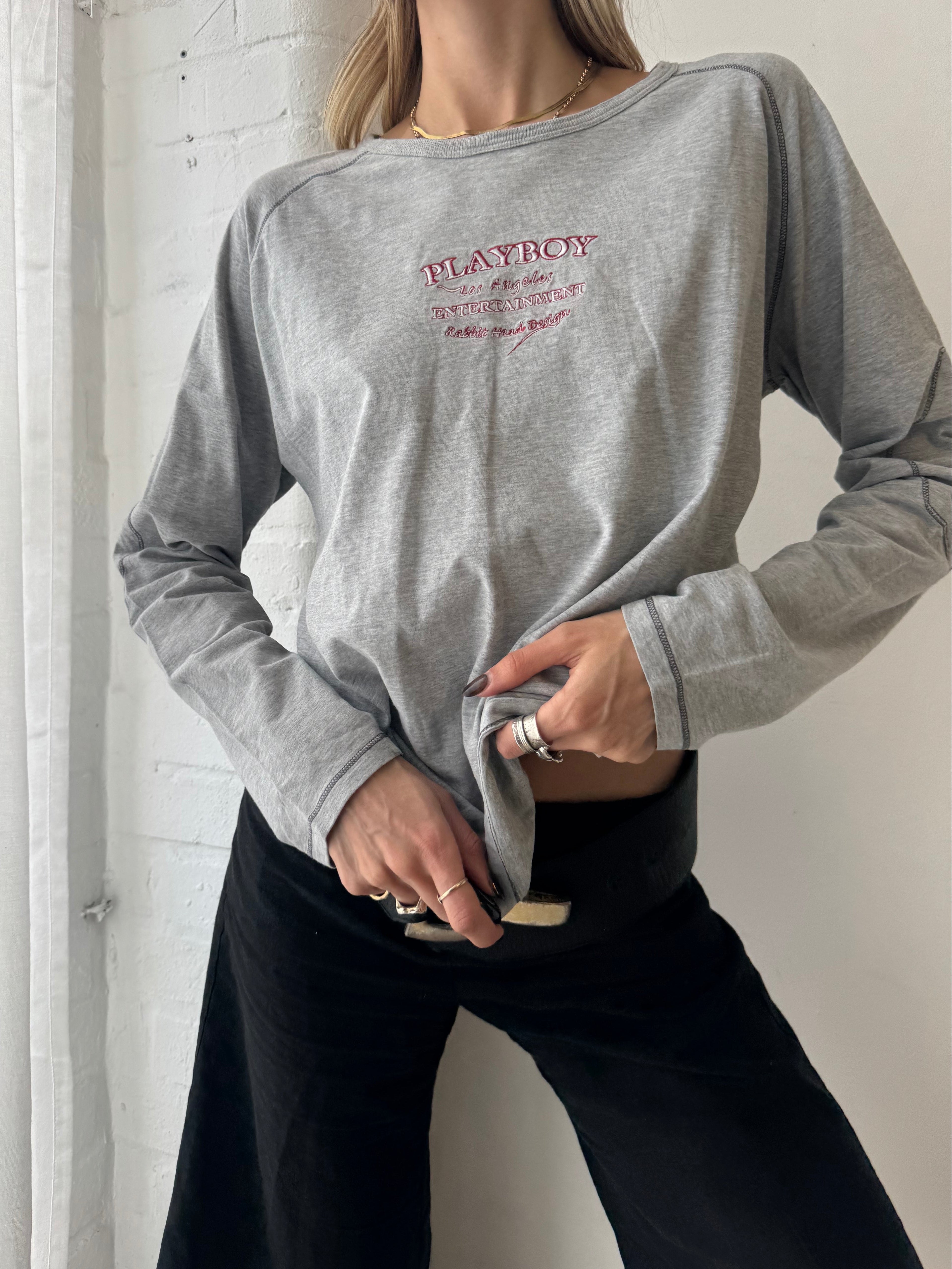 Vintage y2k playboy grey long sleeve slogan top - Size L