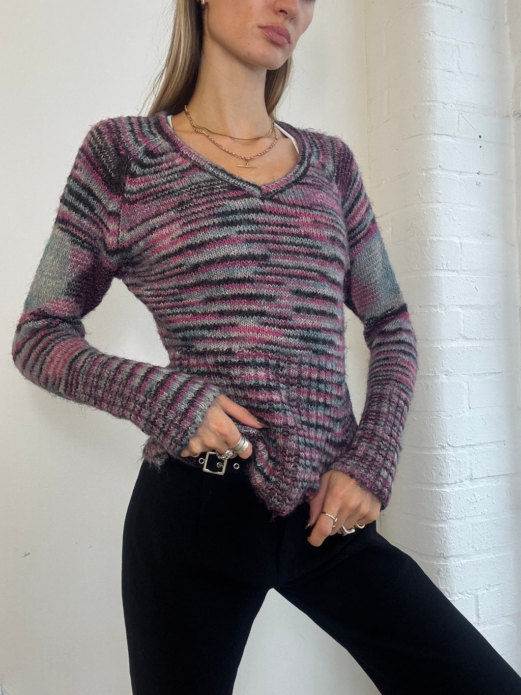 Vintage Y2K Pink & Grey Space Dye Mohair Knit V Neck Jumper - Size M