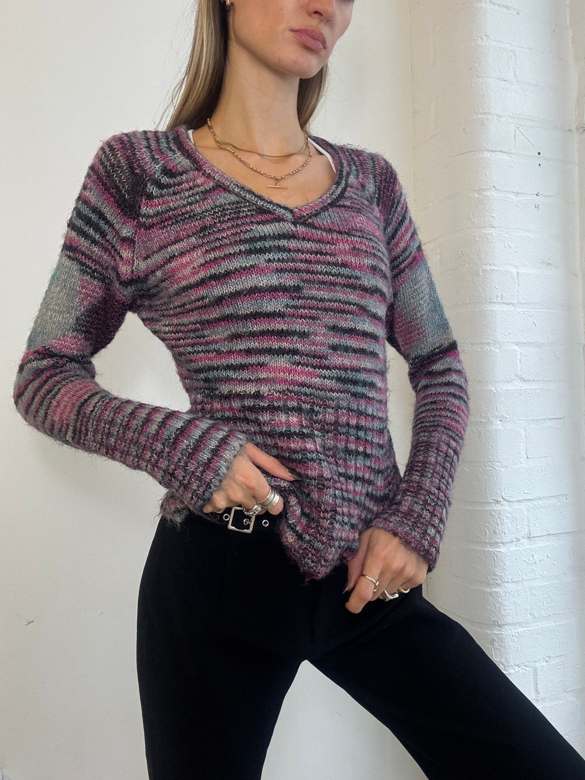 Vintage Y2K Pink & Grey Space Dye Mohair Knit V Neck Jumper - Size M