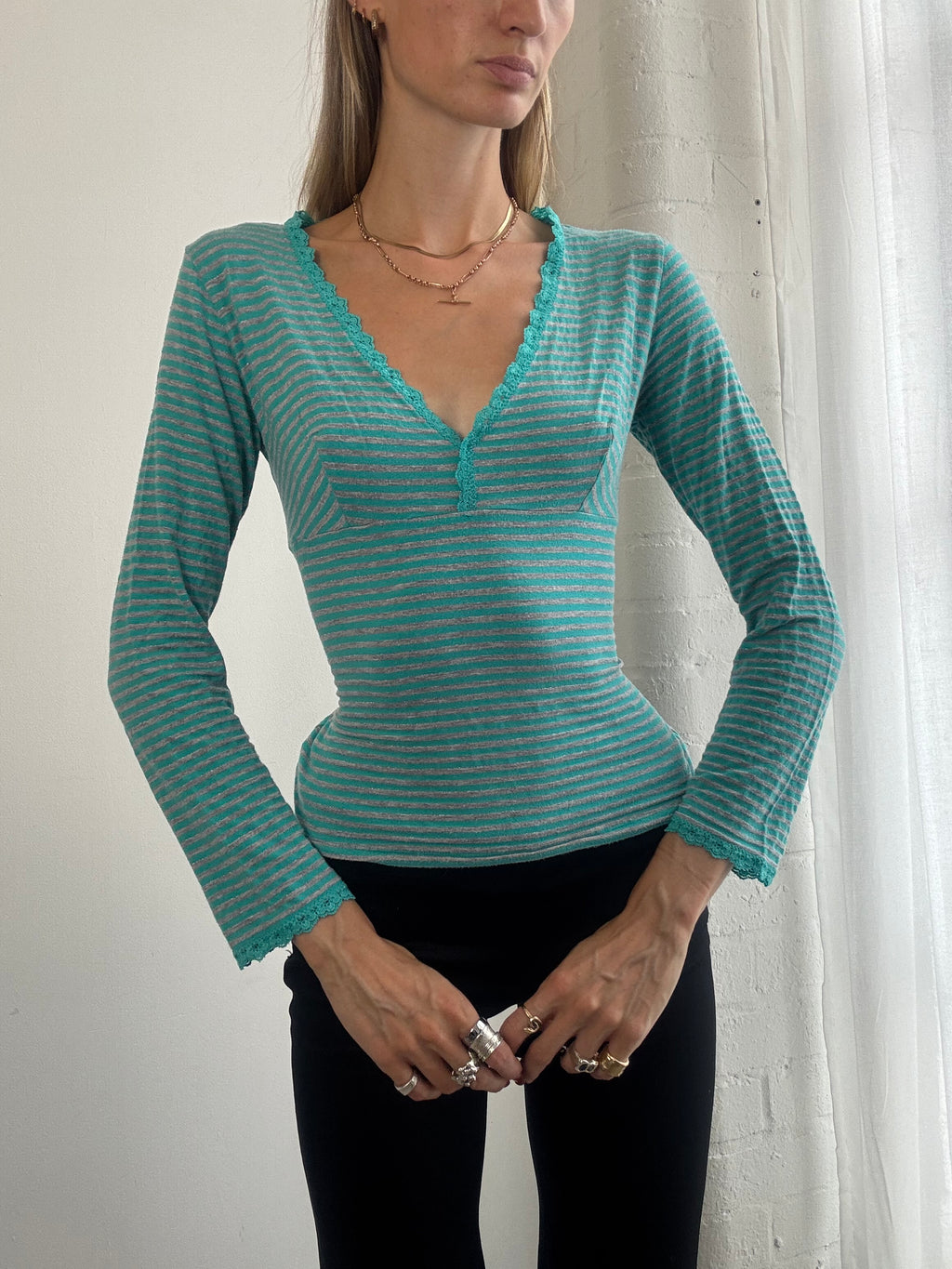 Vintage Y2K Turquoise Striped Lace Trim V Neck Top - Size M