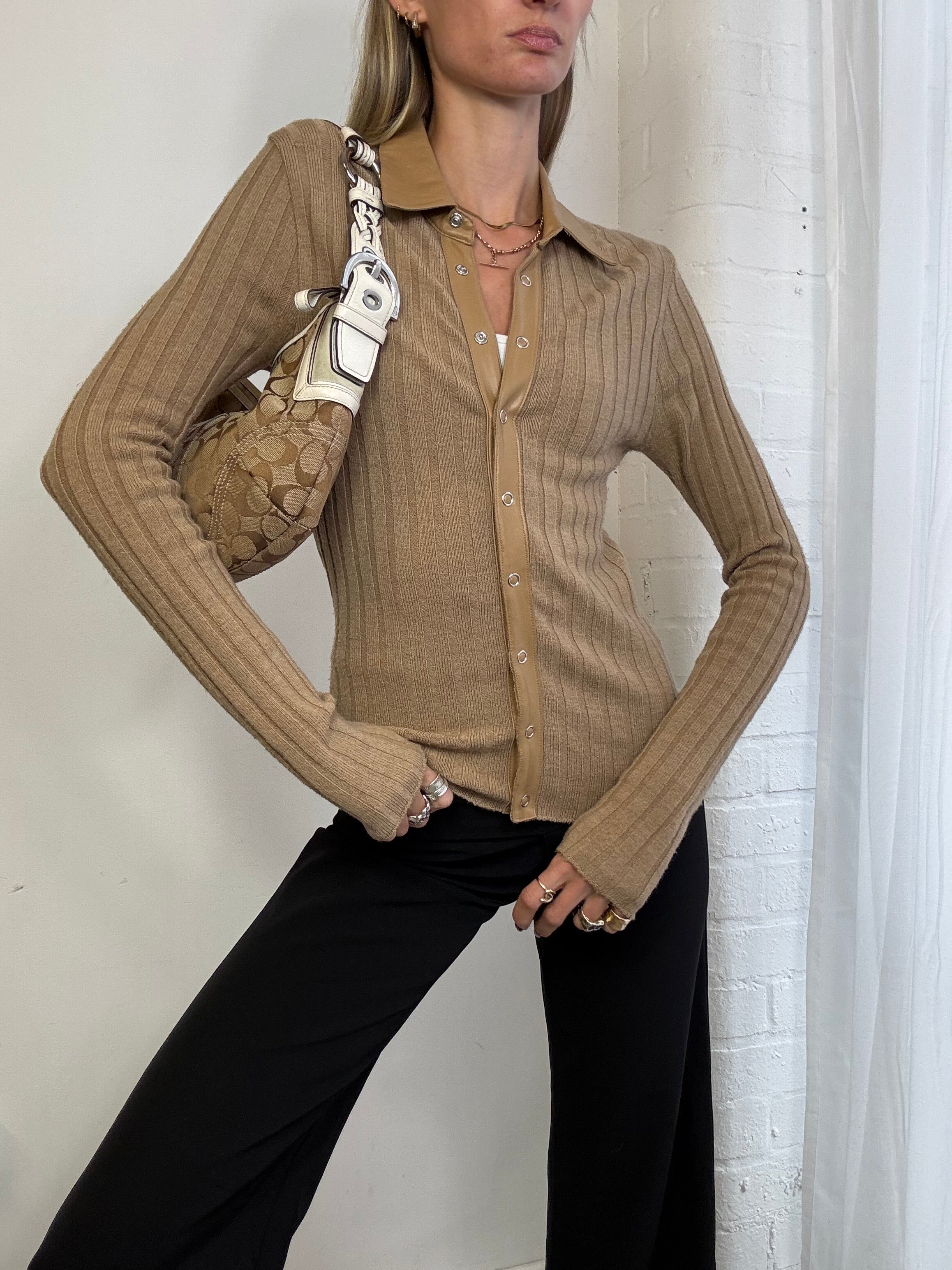 Vintage Y2K knitted jumper faux leather trim