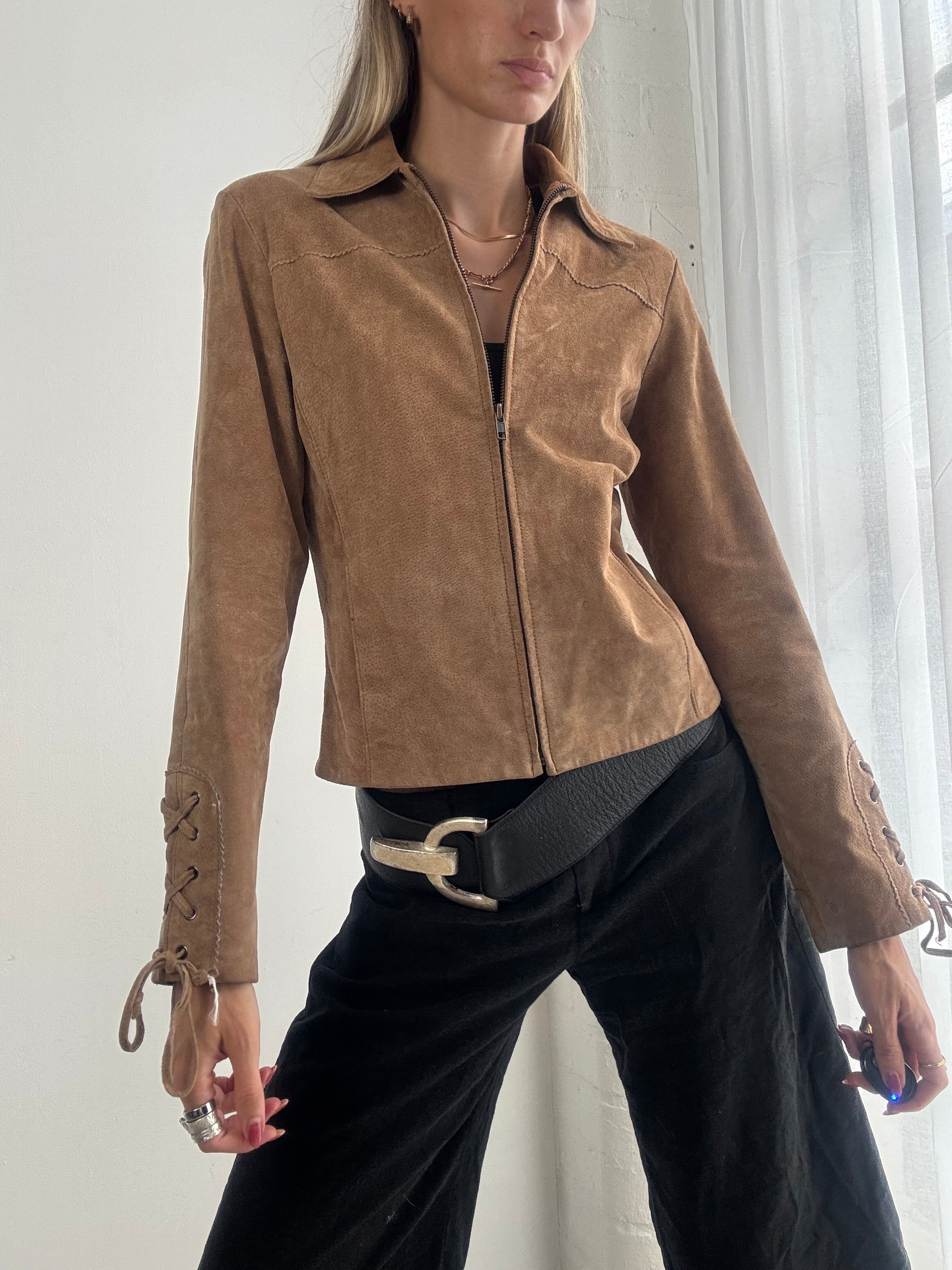 Vintage Y2K Tan Suede Fitted Jacket - Size S