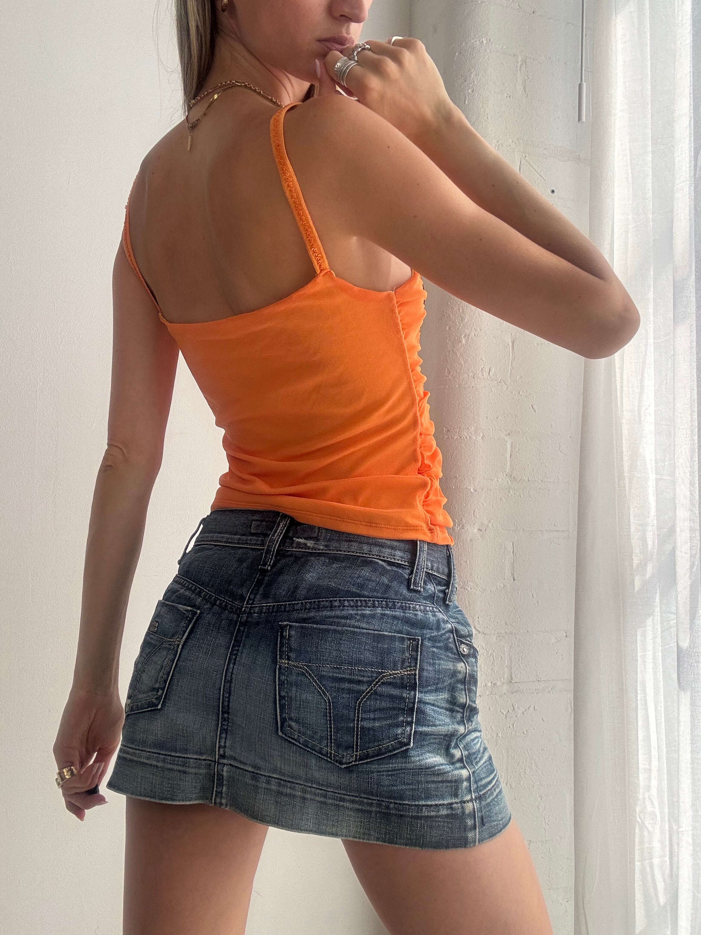 Vintage Y2K Orange Ruched Mesh & Sequin Cami Top - Size L