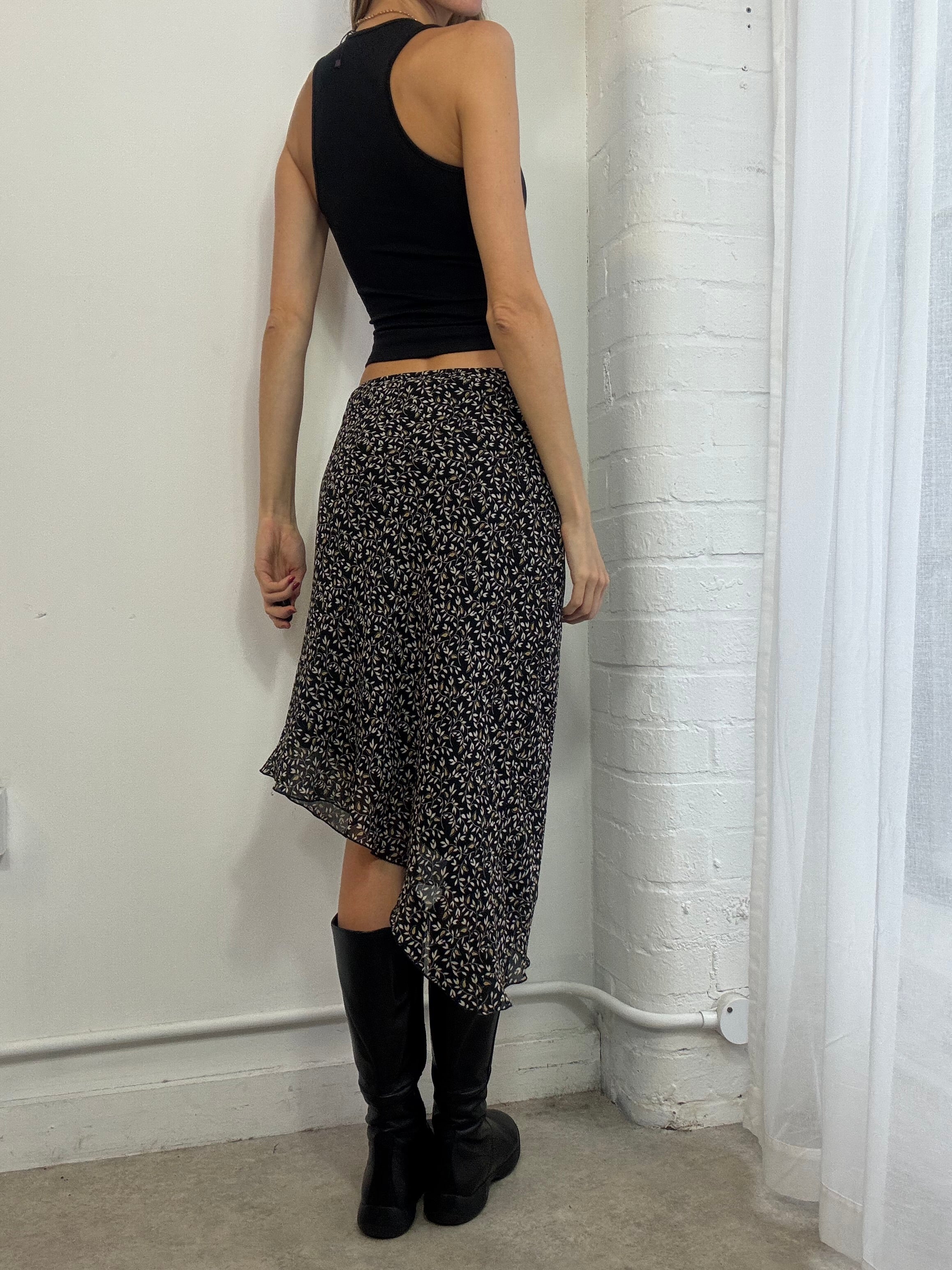 vintage Y2K floral mesh asymmetric midi skirt black