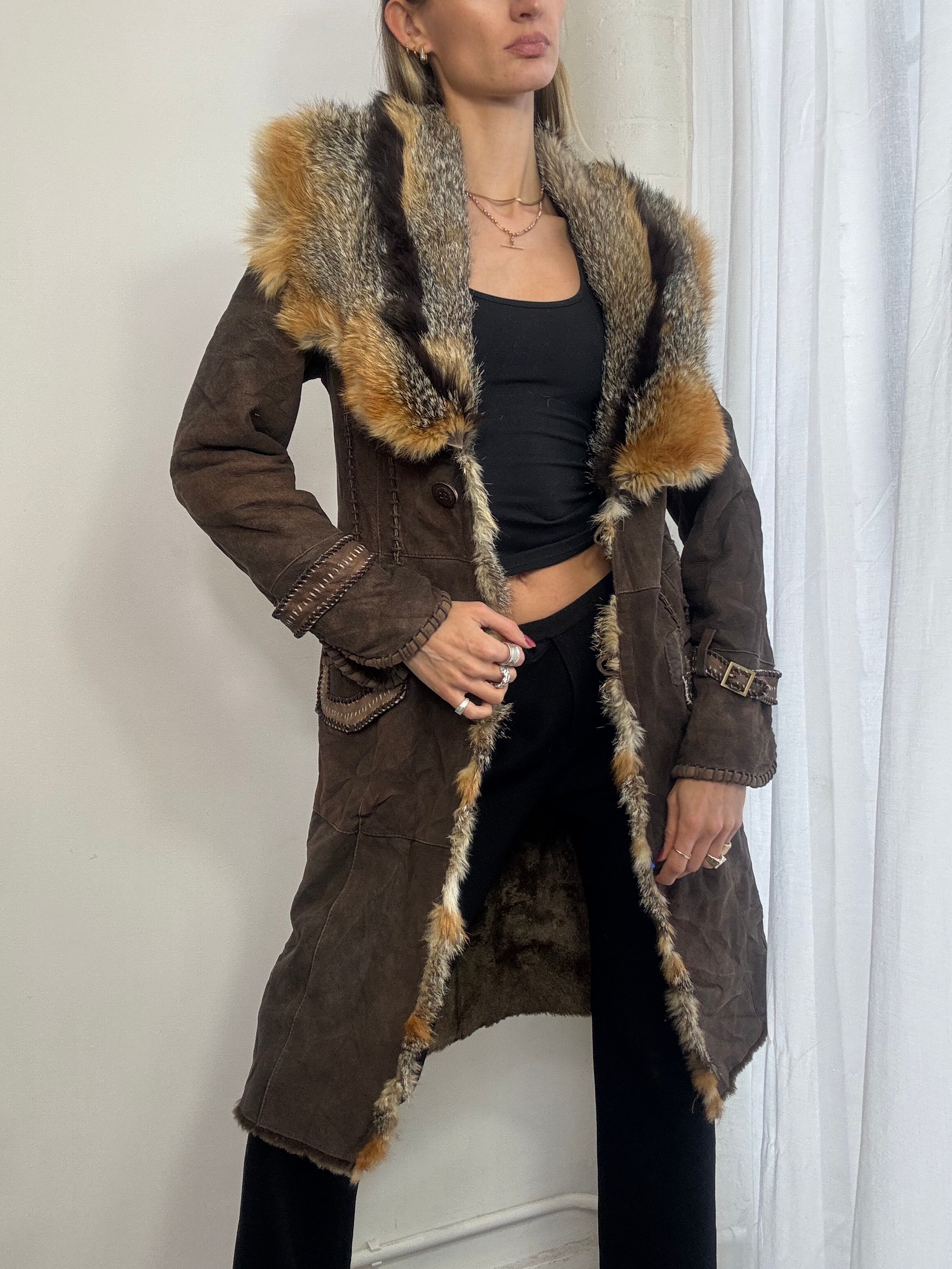 Vintage Y2K brown suede & fur trim coat