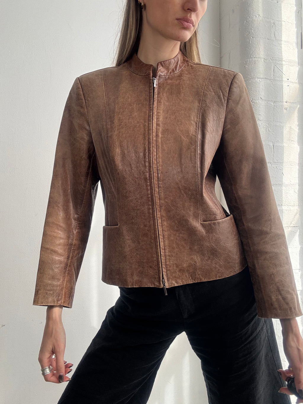 Vintage Y2K brown fitted dual zip leather jacket - Size S
