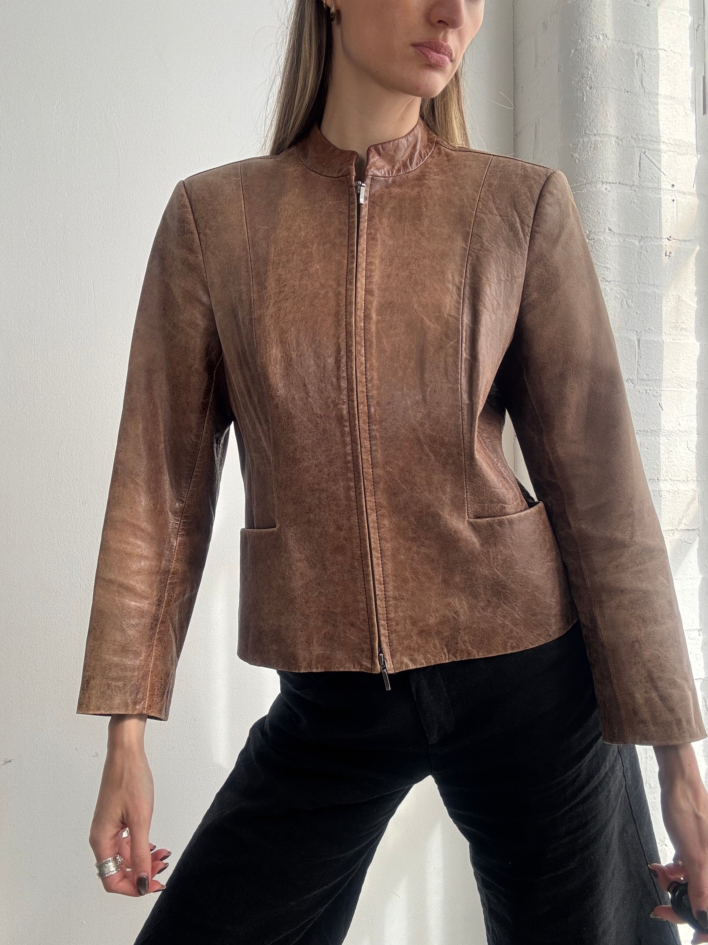 Vintage Y2K brown fitted dual zip leather jacket - Size S