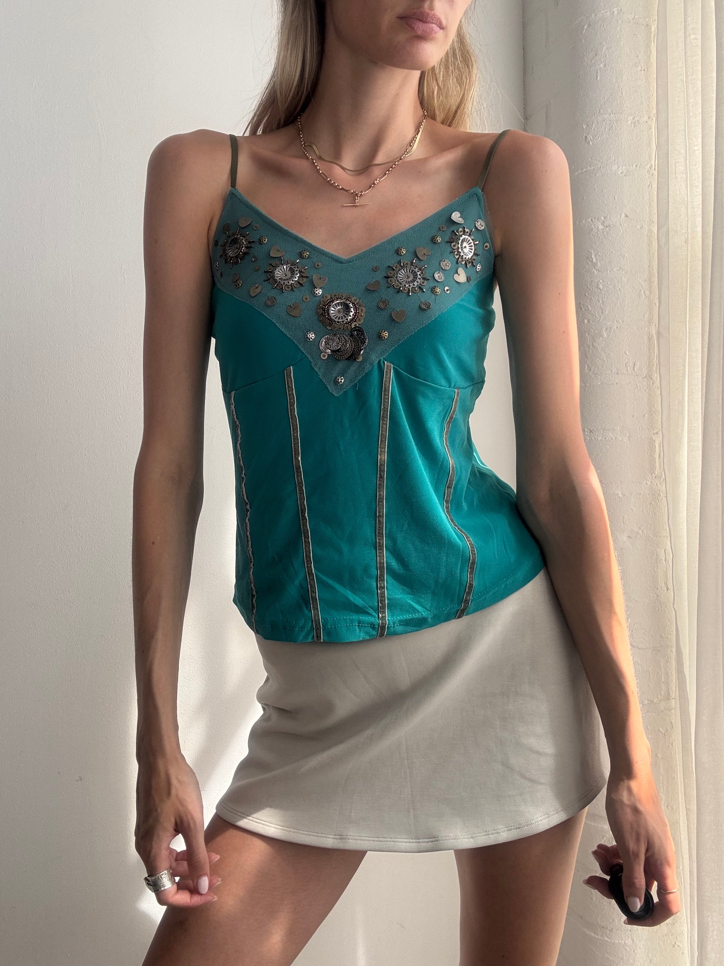 Vintage Y2K Turquoise Embellished Corset Cami Top - Size M