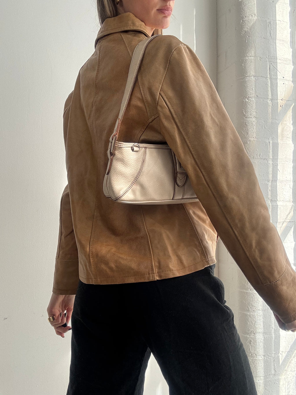 Vintage Y2K tan leather dual zip jacket - Size M