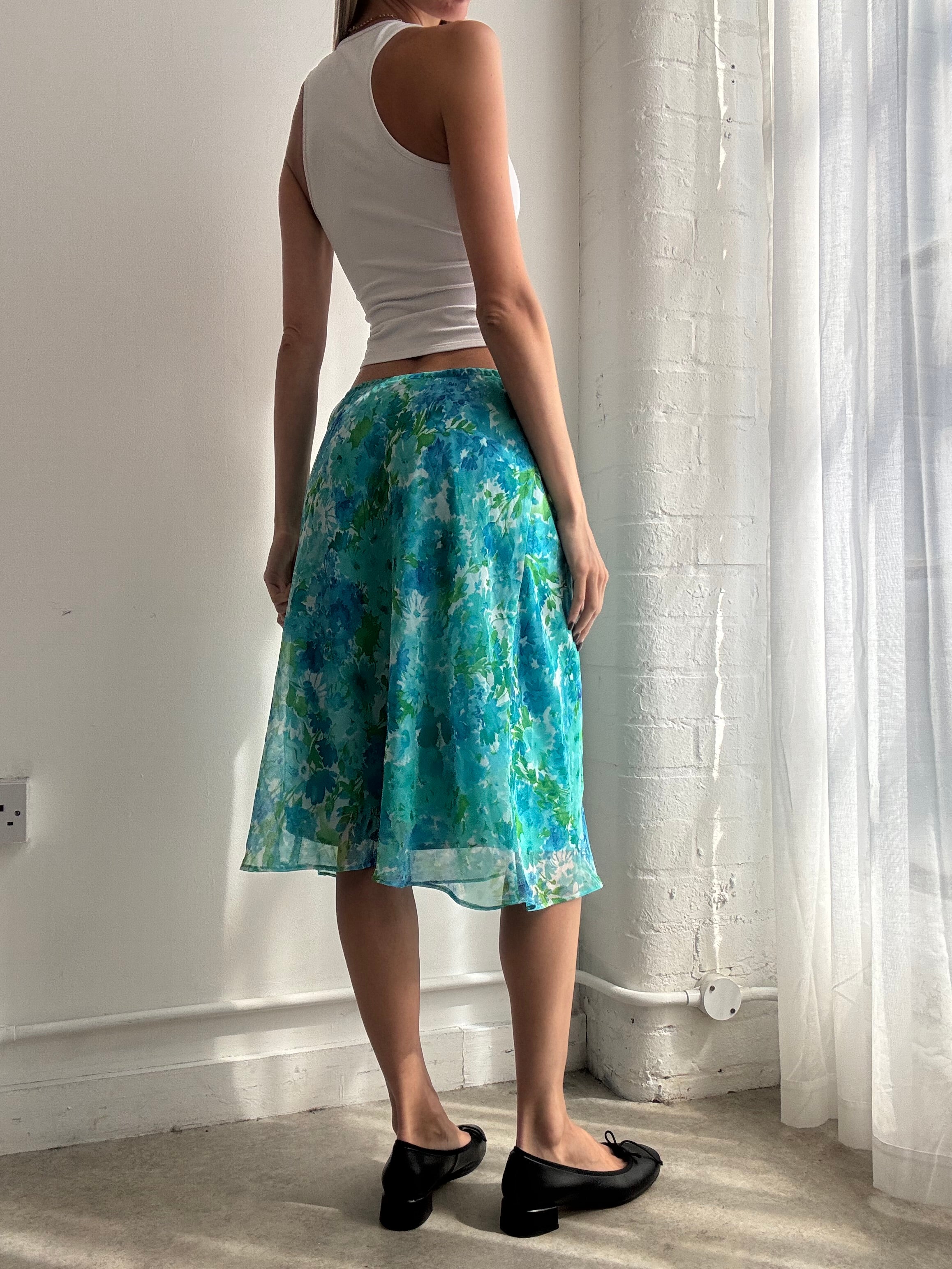 Vintage Y2K blue floral mesh midi skirt - Size S