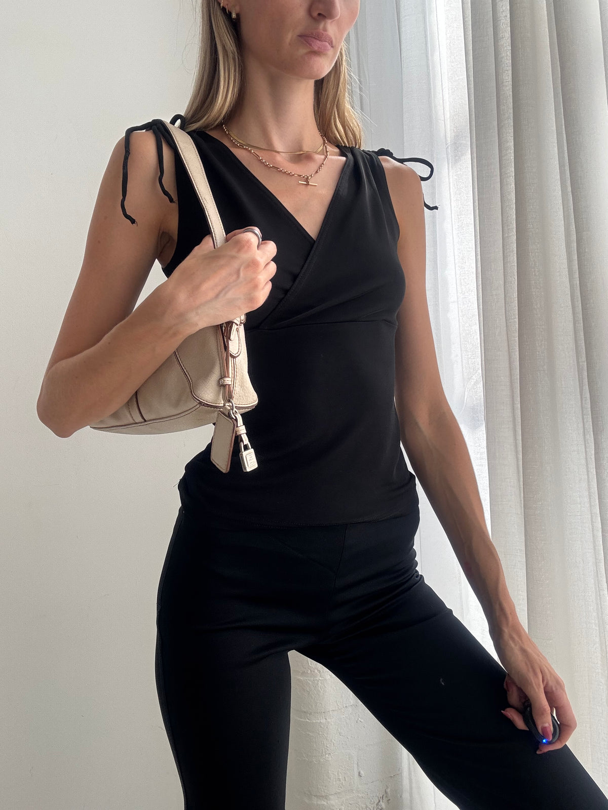 Vintage Y2K Black V Neck Tie Shoulder Top - Size XS