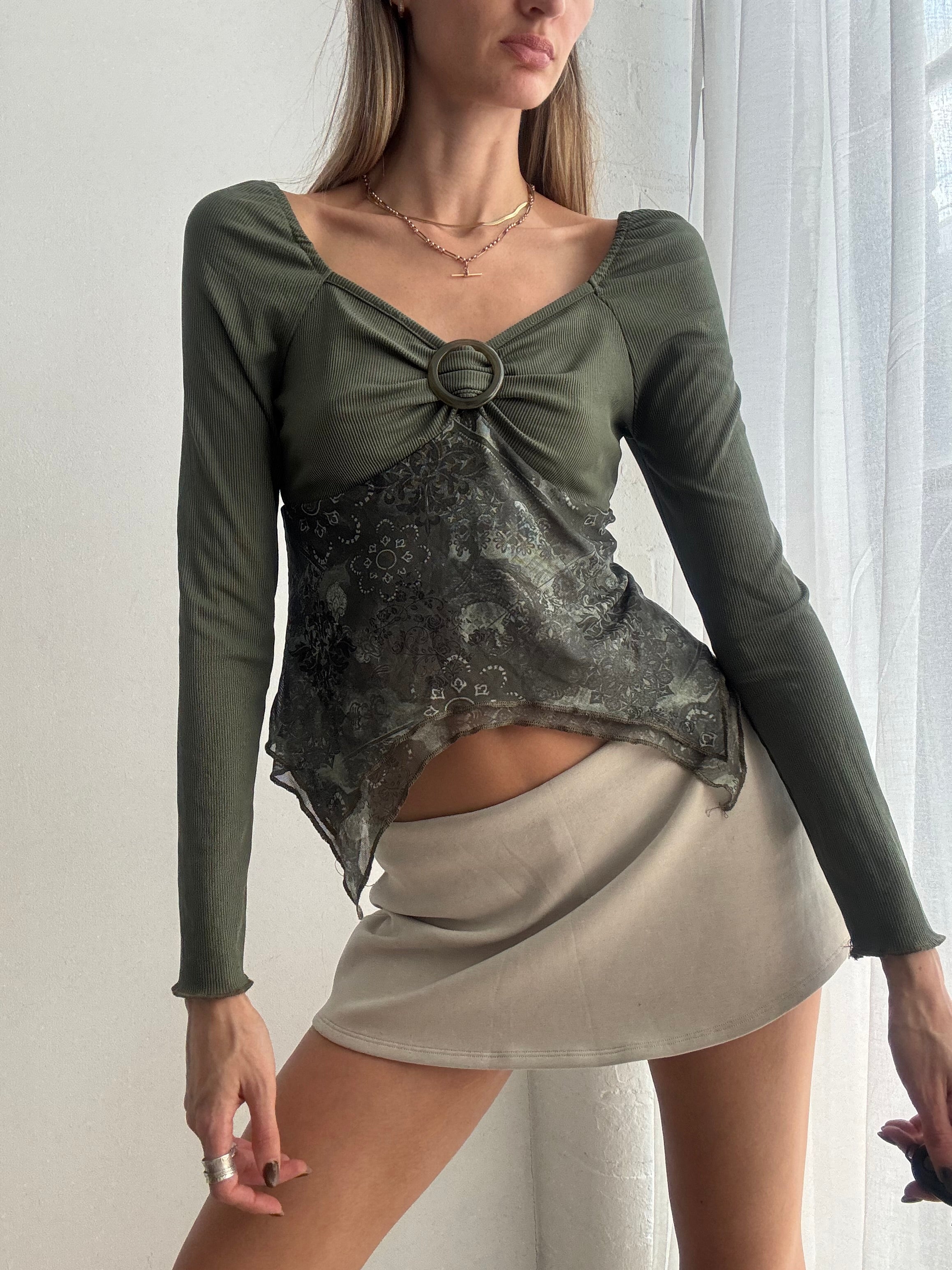 Vintage Y2K khaki mesh panel top - Size M