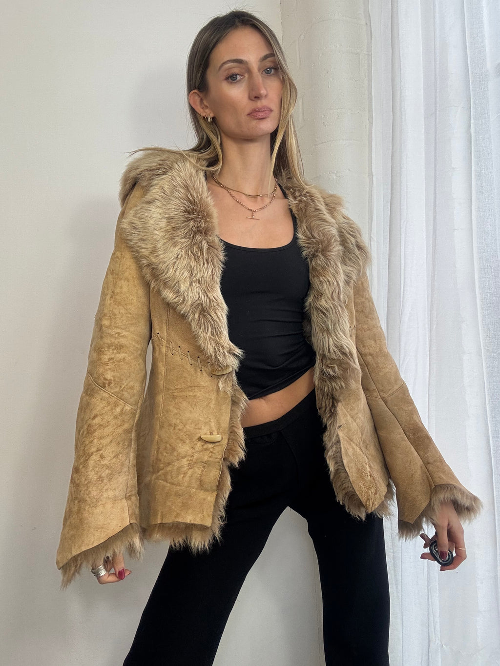 Vintage Y2K suede sheepskin hooded coat