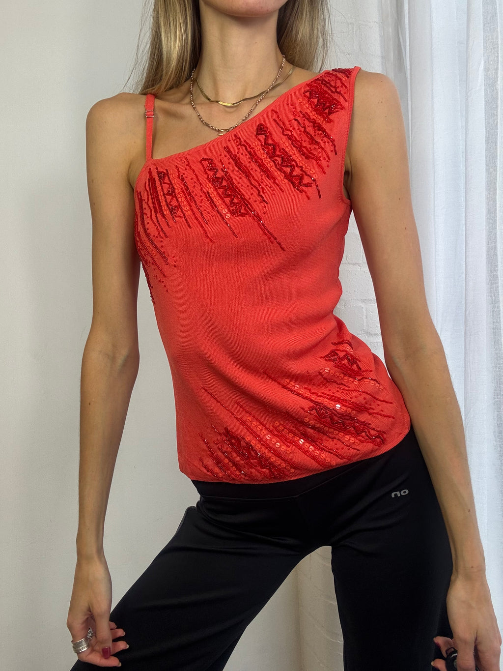 Vintage Y2K one shoulder ribbed top beaded
